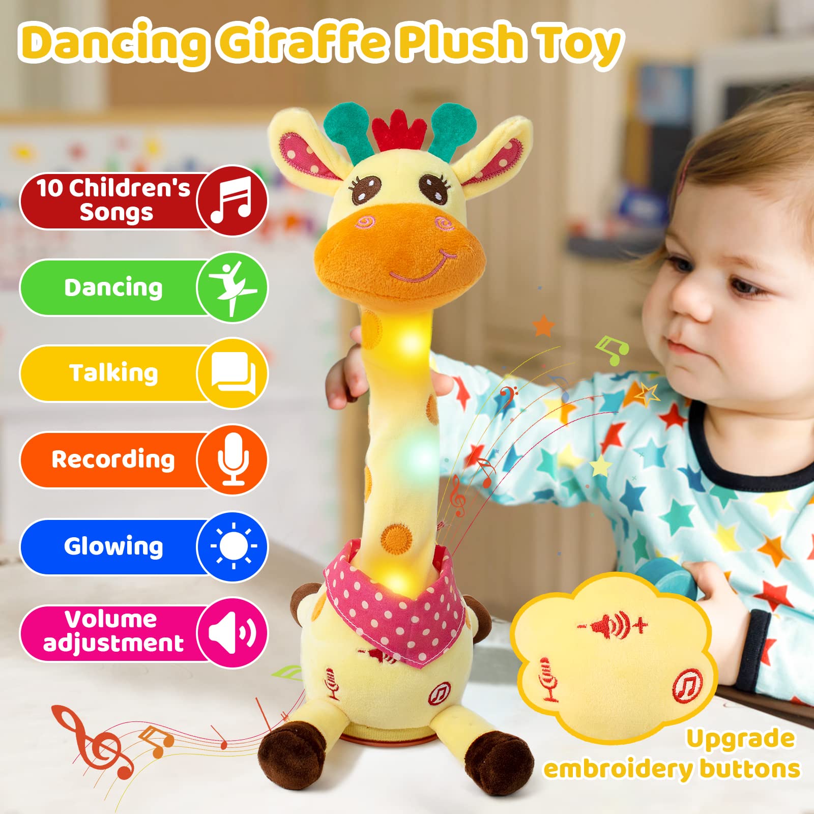 Emoin Interactive Giraffe Stuffed Animal Toy - Singing, Dancing & Light-Up Plush with 10 Nursery Rhymes, Voice Repeater - Perfect Baby Gift for 1-3 Year Olds (6-12 Months) | Great for Playtime, Learning & Bedtime Comfort