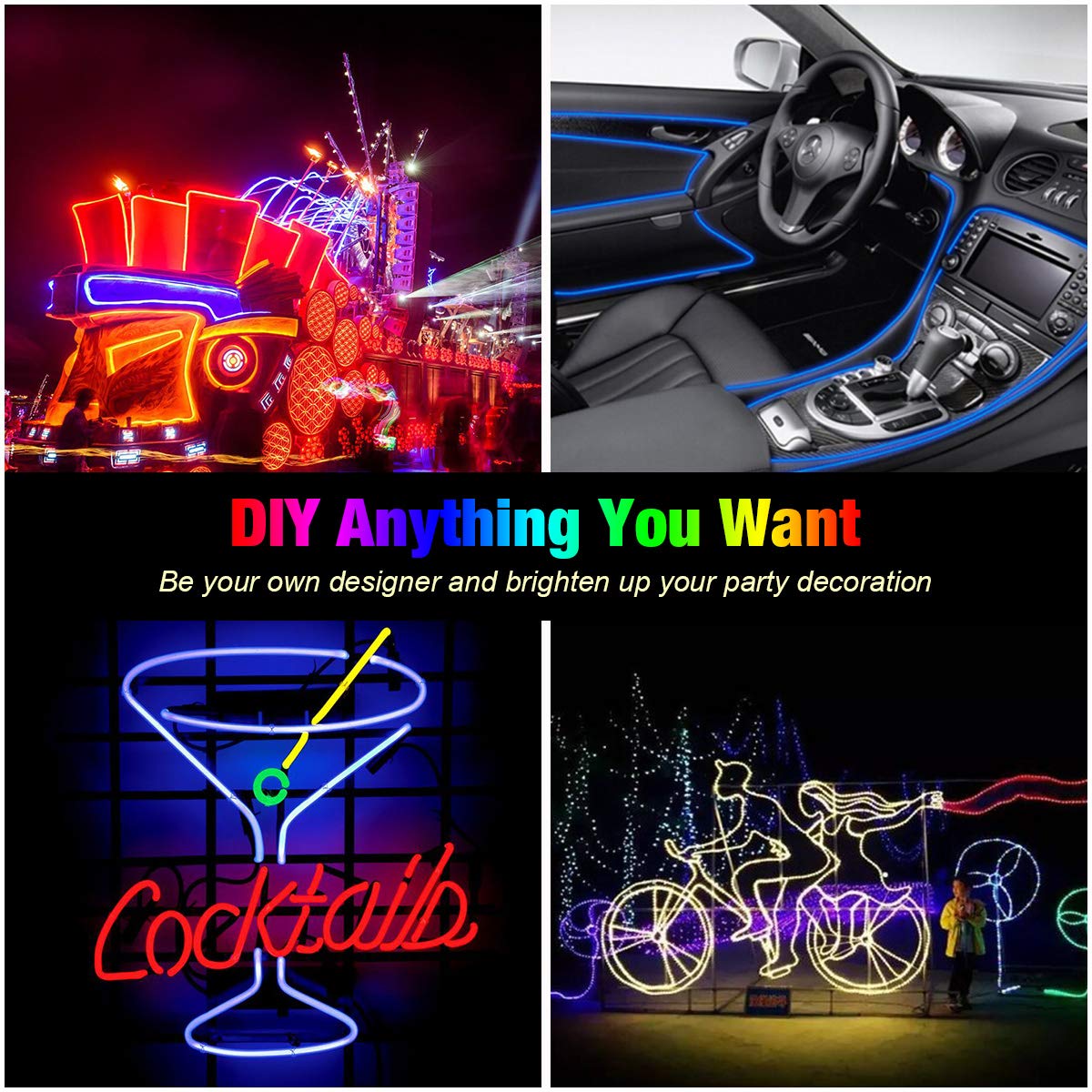 Lychee® 3 Ft (1M) Neon Glowing EL Wire Rope - Electroluminescent Strobe Light Tape with Battery Pack for Cosplay, Burning Man Festival, Rave Parties & Nighttime Decor (Ice Blue)