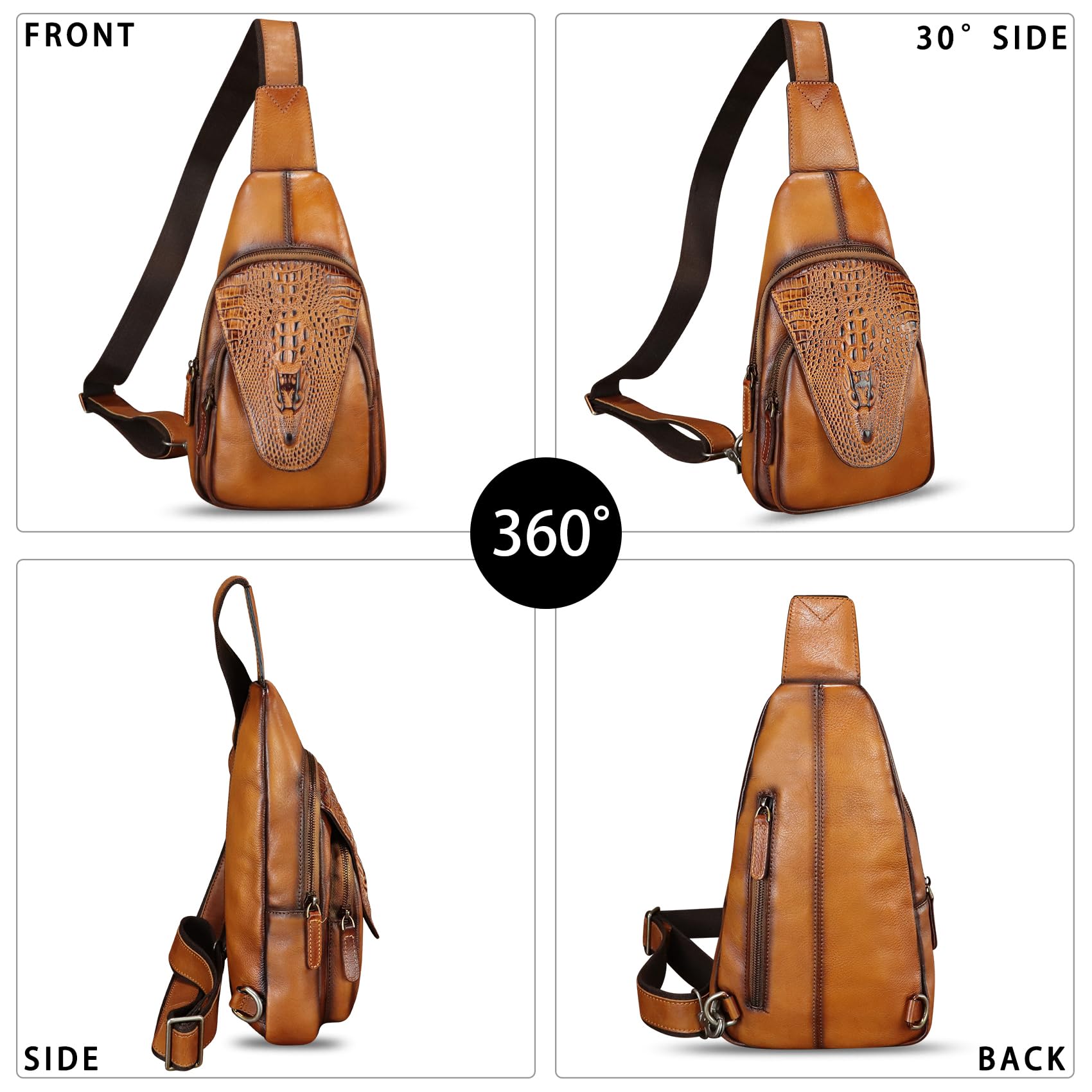Genuine Leather Sling Bag - Embossed Crocodile Pattern Crossbody Backpack - Handmade Chest Purse Daypack for Men & Women (Brown) | Perfect for Travel, Work & Everyday Use