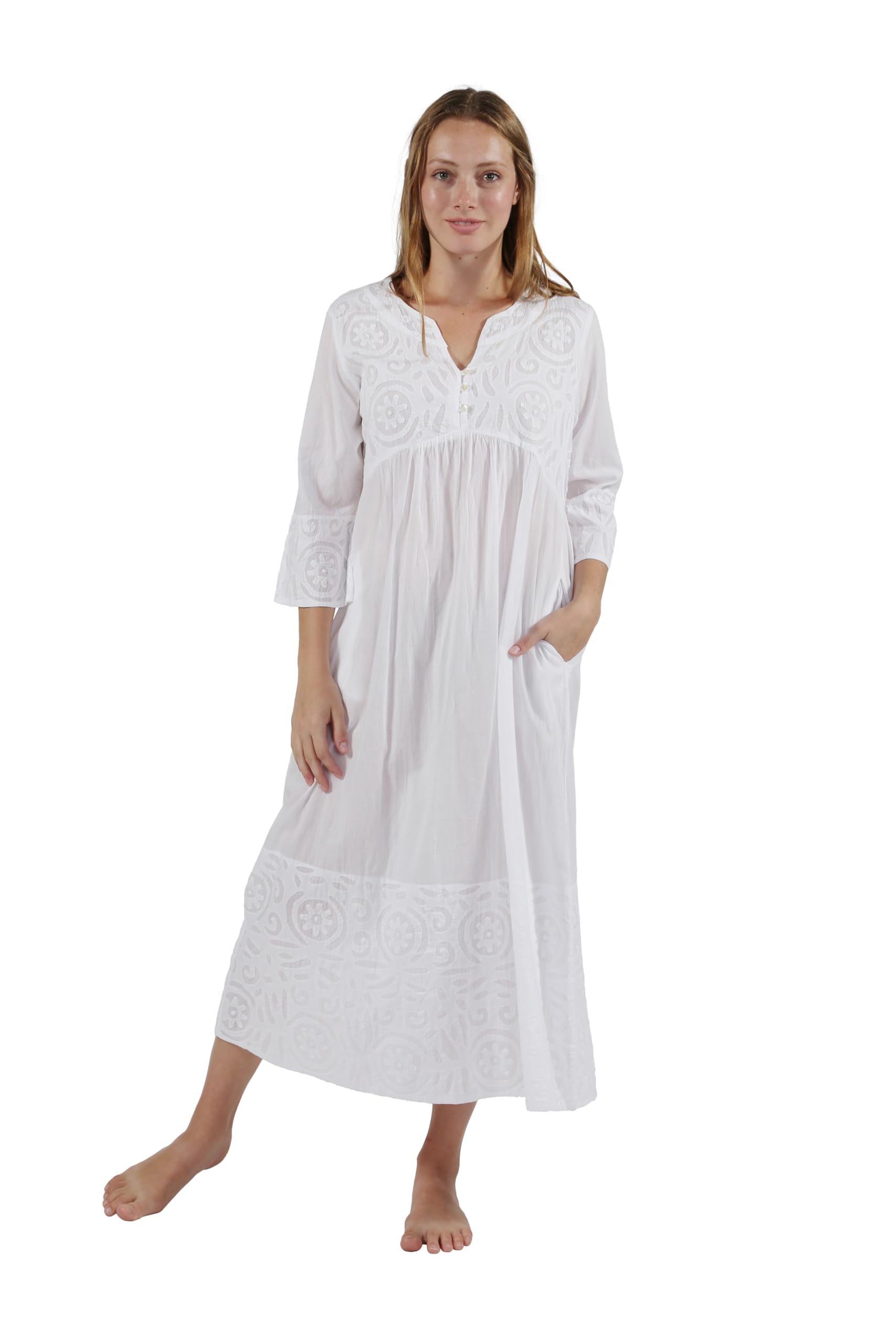 LA CERA Women's 100% Cotton Appliqued Nightgown - 3/4 Sleeve Pullover Sleep Dress with Side Pockets | Comfortable Sleepwear for Home, Lounge & Vacation