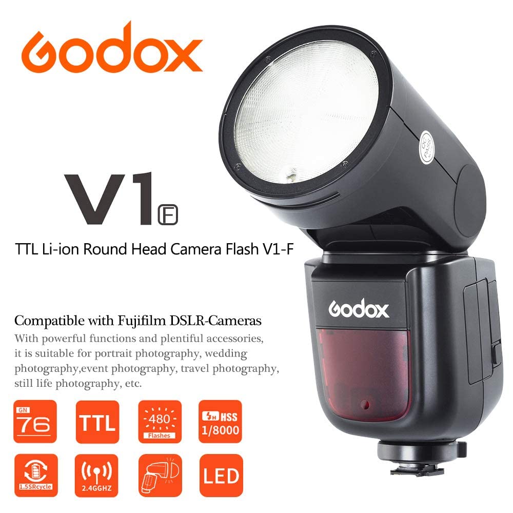 GODOX V1-F TTL Round Head Camera Flash with 2W LED Modeling Light – High-Speed Sync 1/8000s, 480 Full Power Flash, 5600±200K Color Temperature – Quick Release Lock for FUJIFILM Cameras – Perfect for Wedding, Portrait & Event Photography