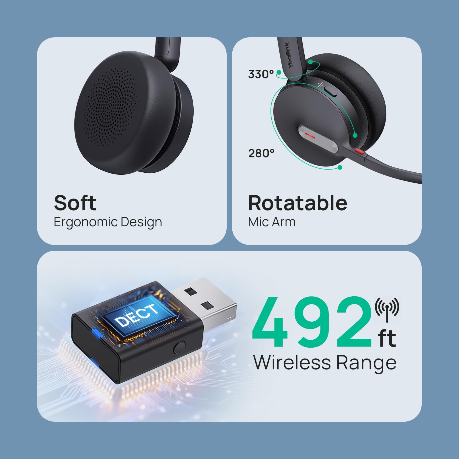 Yealink WH64 Hybrid Mono Wireless Headset with DECT Dongle - 492ft Range, Teams/Zoom/Skype Compatible, UC Bluetooth Single Ear Headphones with 3X Noise Cancelling Mic, 26H Talk Time - Perfect for Office PC, Computer, Phone & Remote Work
