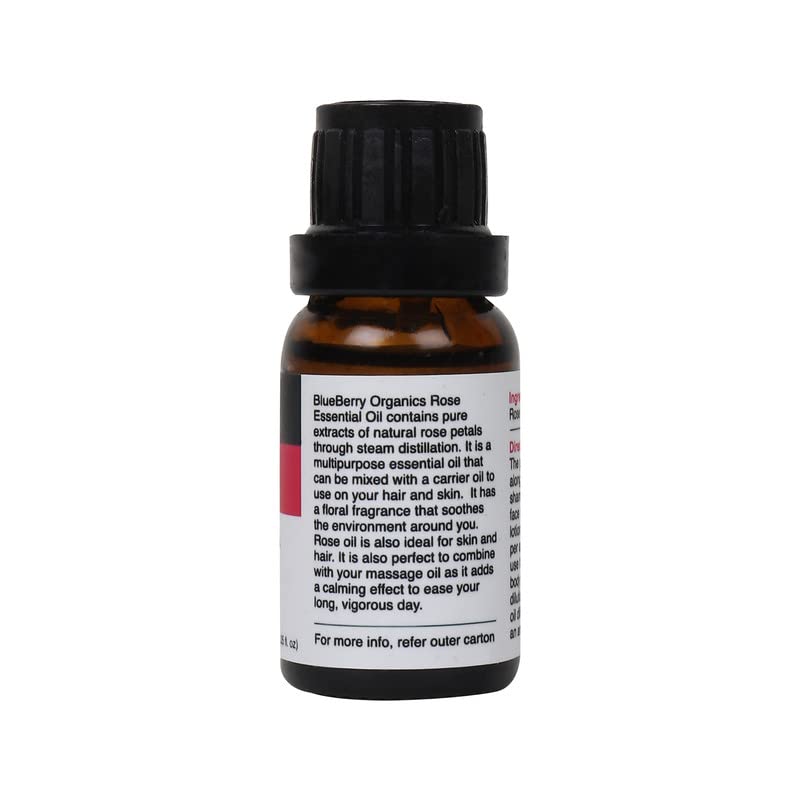 MLSPL BLUEBERRY ORGANICS 100% Pure Rose Essential Oil - Steam Distilled, Therapeutic Grade for Skin Care & Hair Growth - 15ml Bottle - Perfect for Aromatherapy, Massage & DIY Beauty Products