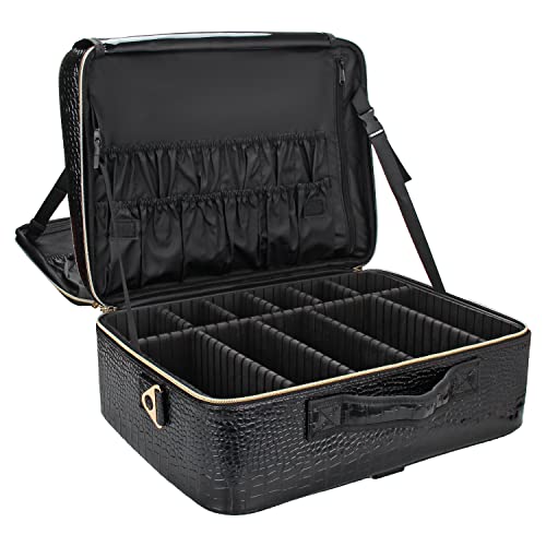 Relavel Extra Large Professional Makeup Bag - XL Travel Cosmetic Case with Adjustable Shoulder Straps & Dividers, Perfect for Makeup Artists & Travel Organization (Crocodile Pattern) | Ideal for Salon, Bridal, On-The-Go Makeup & Brush Storage
