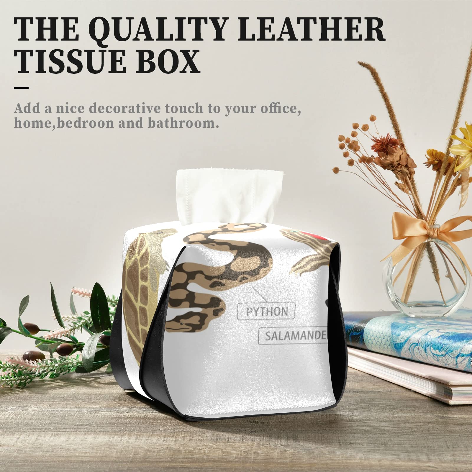 Premium Leather Tissue Box Cover for Reptile Lovers - Green & Brown Square Design with Handle for Frog, Iguana, Lizard, Snake, Newt & Turtle Enthusiasts - Perfect for Bathroom, Home, Nightstand, Vanity, Office Desk & Car (5.7x5.7x5.7 Inches) - Ideal Gift for Pet Owners & Reptile-Themed Decor