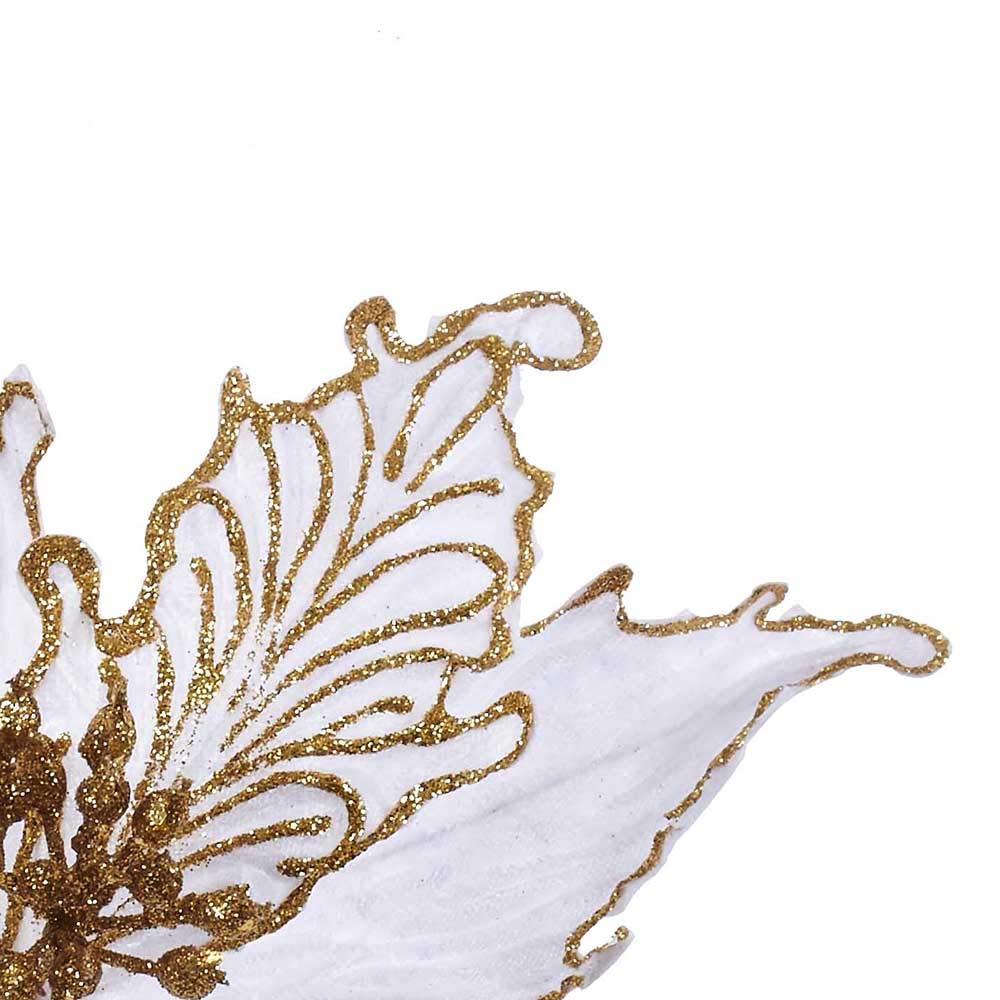 Kurt S. Adler White and Gold Velvet Poinsettia Pick with Leaves - Elegant Christmas Floral Arrangement for Holiday Decor, Table Centerpieces, Wreaths, and Gift Wrapping