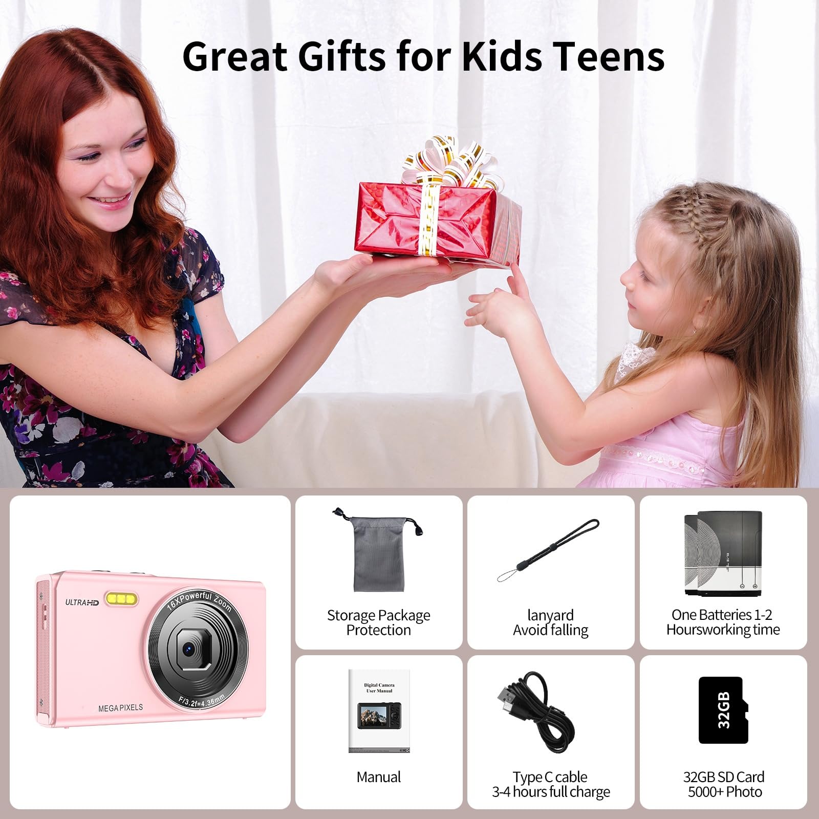 1080P FHD Kids Digital Camera with 32GB Card & 2 Batteries - Vintage Pink Mini Camera for Children, Teens, Boys & Girls | Perfect for Birthday Gifts, Travel Photography & First Camera Experience