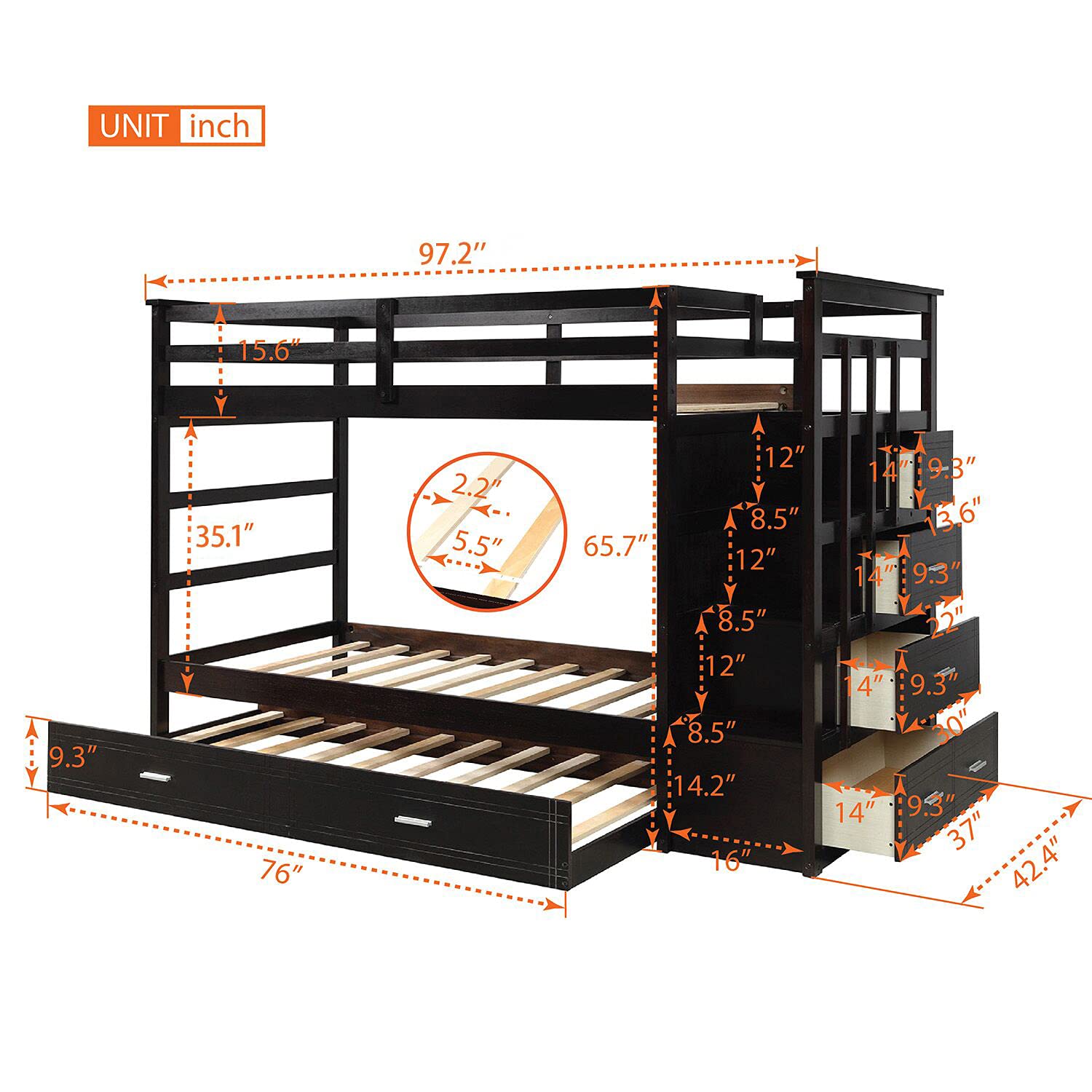 **Twin Over Twin Bunk Bed for Kids - Solid Wood Bunk Bed Frame with Trundle, Staircase, 4 Storage Drawers & Guardrails - No Box Spring Needed (Espresso + Trundle + Twin) - Perfect for Small Bedrooms, Guest Rooms & Kids' Shared Spaces**