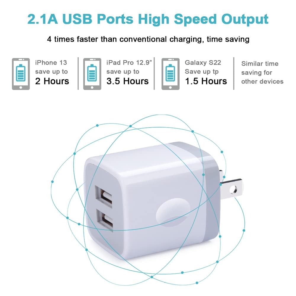 Fast Charging USB Wall Charger Block - Dual Port 2.1A Power Adapter Cube for iPhone 16/15/14/13/12/11 Pro Max/XS/XR/X/8/7/6 & Samsung Galaxy S25 Ultra/A16 (3-Pack) - Perfect for Home, Office & Travel Charging Needs