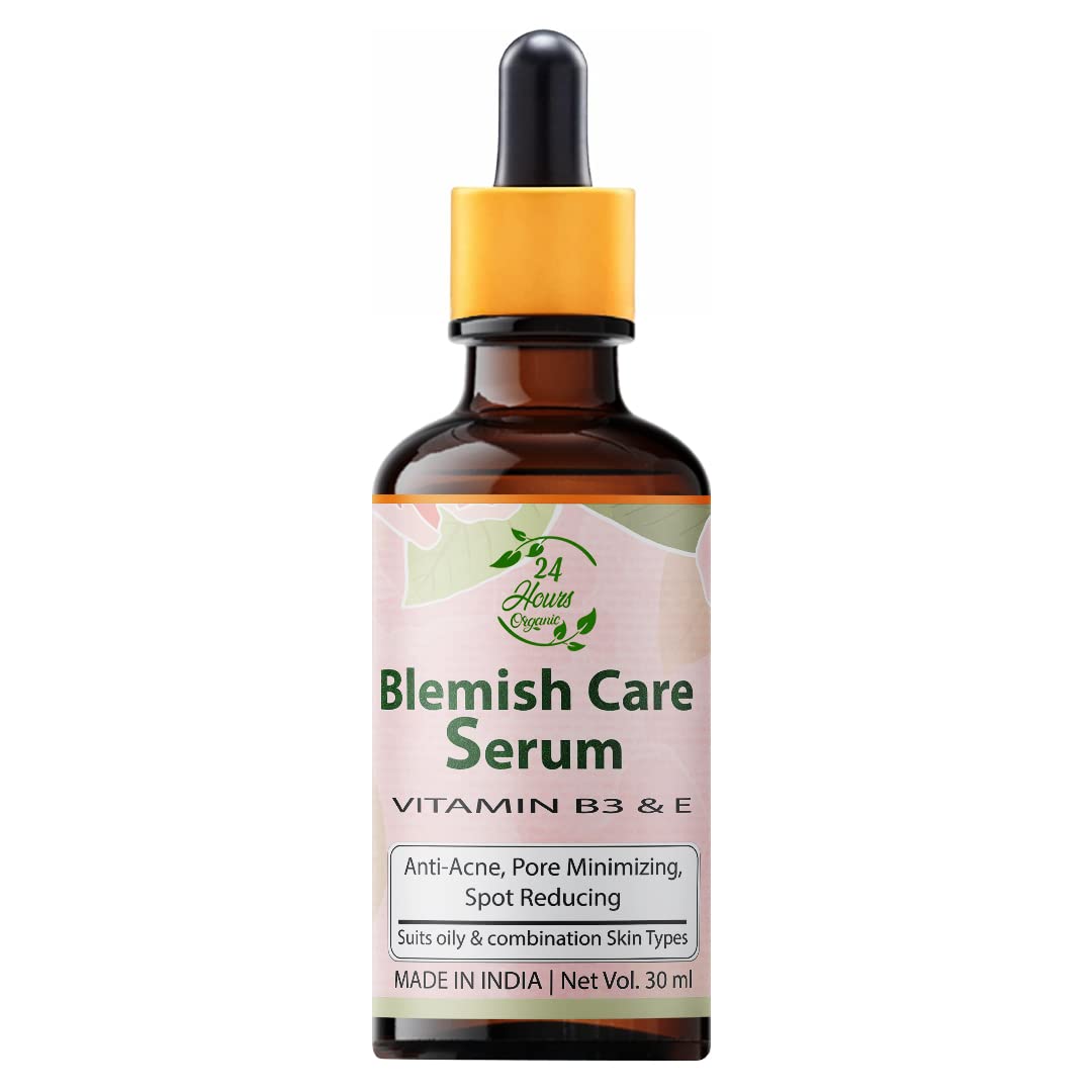 24 Hours Organic Blemish Care Face Serum with Vitamin B3 & E - Paraben-Free Anti-Acne Treatment for Spot Reduction & Glowing Skin - Dark Circle & Blackhead Remover (60ml) - Perfect for Daily Skincare Routine & Overnight Repair