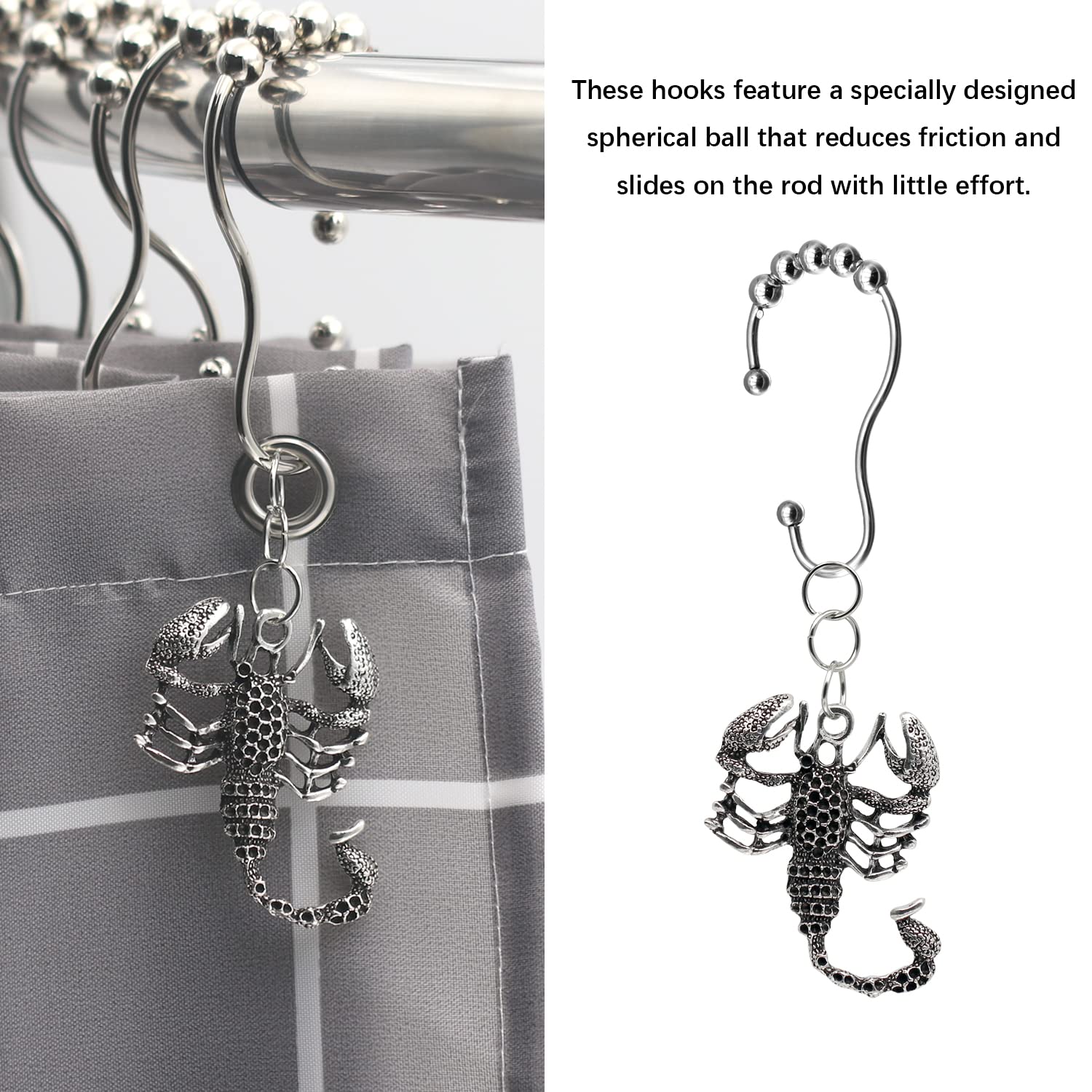 Premium Stainless Steel Shower Curtain Hooks with Scorpion Charm - 12-Pack Silver Bathroom Accessories for Ocean Theme Decor | Durable Rustproof Rings for Bath, Kids Room & Coastal Style Homes