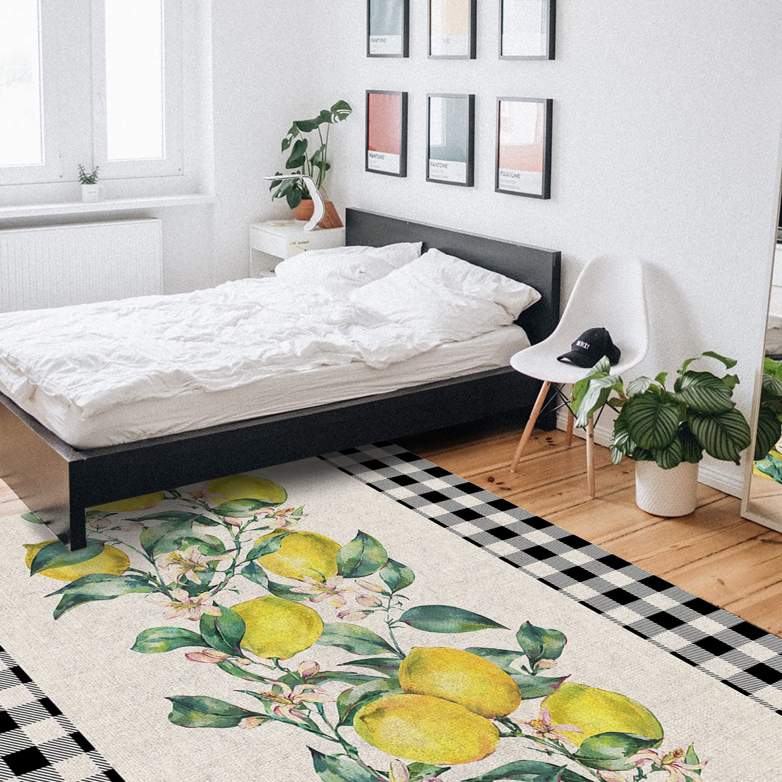 5'x8' Non-Slip Large Area Rug - Summer Lemon Floral Pattern, Soft Plush Carpet for Living Room, Bedroom, Kids Room & Kitchen Floor Cover - Retro Backdrop for Home Decor, Photo Shoot & Cozy Interior Design