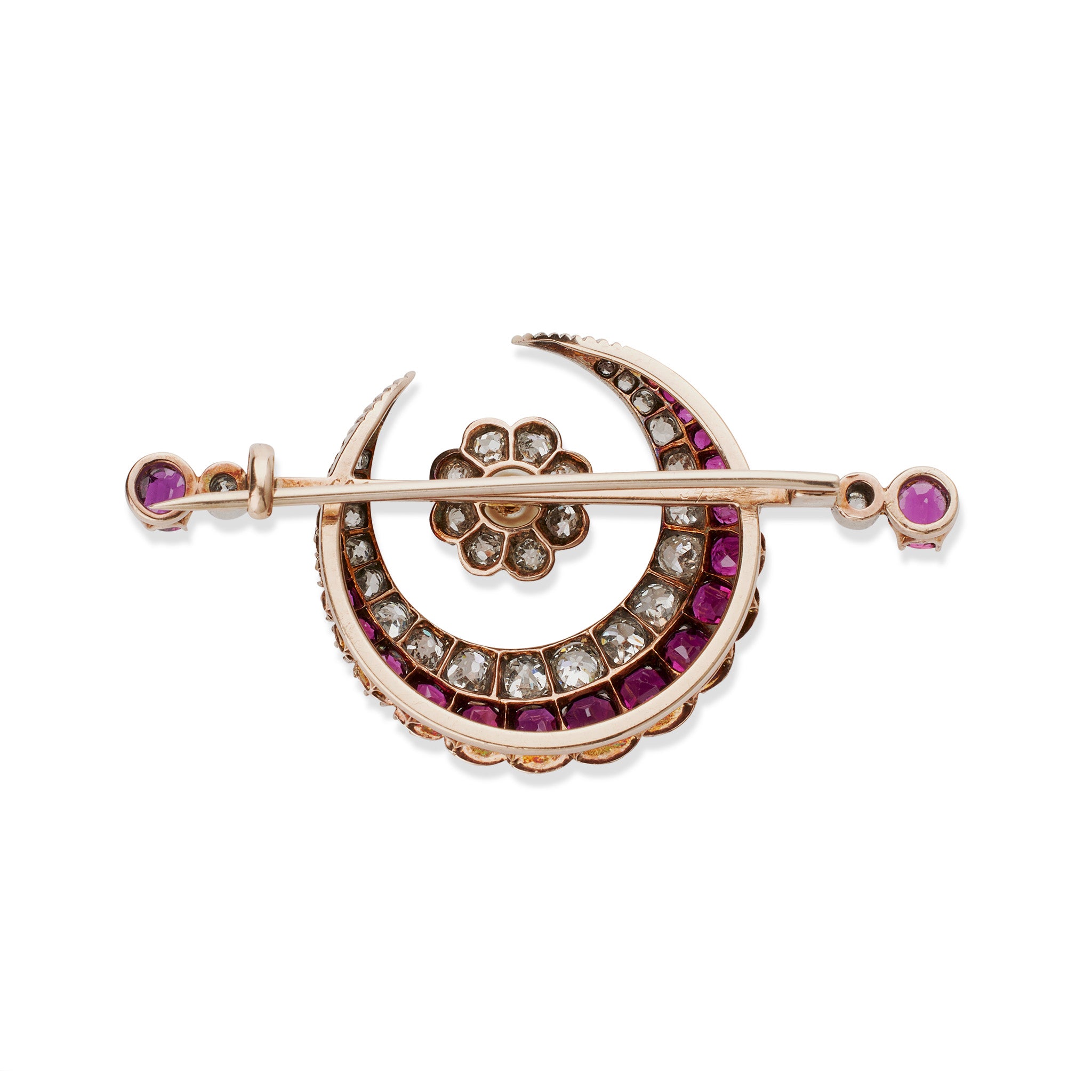 Antique Ruby Diamond Pearl Crescent Brooch - Vintage Jewelry for Women | Elegant Pin for Dresses, Coats & Special Occasions