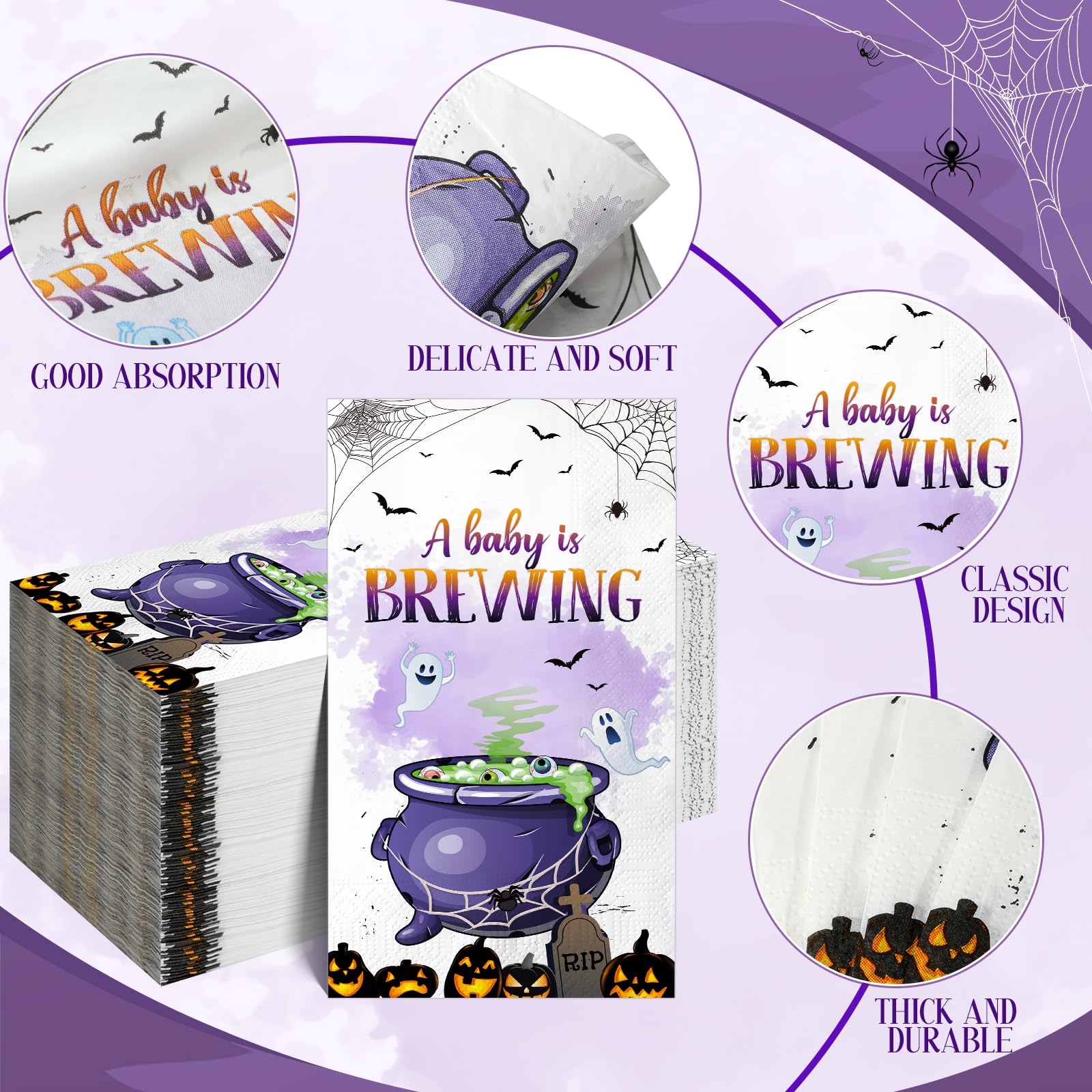 100 Pcs Halloween Baby Shower Napkins - 'A Baby is Brewing' Themed Disposable Paper Napkins for Gender Reveal Party Decorations | Perfect for Halloween Baby Shower, Gender Reveal Events & Themed Celebrations