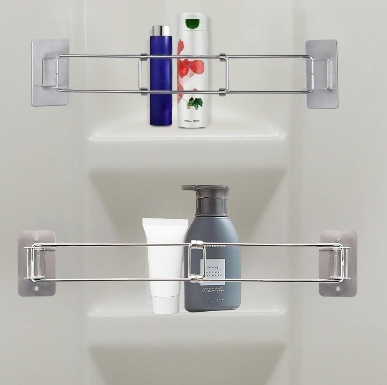 2-Pack Adjustable 180° Stainless Steel RV Shower Corner Storage Bar - Space-Saving Bathroom Organizer for Campers & RVs - Perfect for Holding Toiletries, Shampoo & Soap in Tight Spaces
