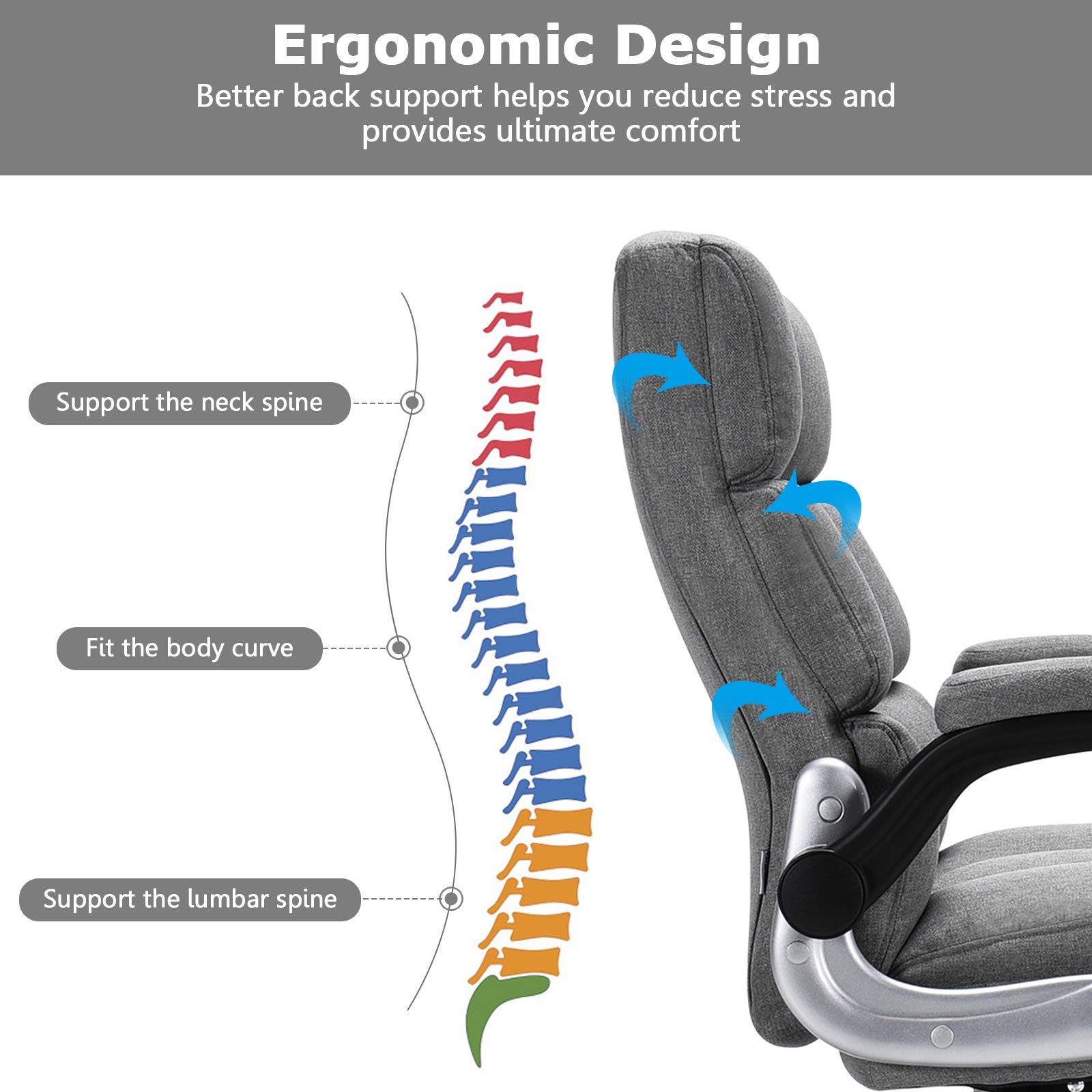 Premium Ergonomic Office Chair for Big & Tall - High Back Executive Desk Chair with Flip-Up Arms, 400 LBS Weight Capacity - Comfortable Upholstered Home Office Chair in Grey (Perfect for Long Work Hours & Gaming Sessions)