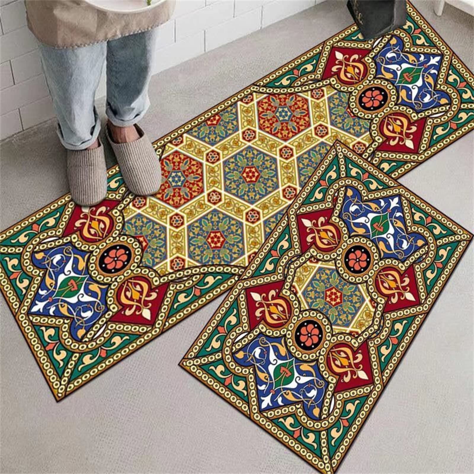 Non-Slip Anti-Fatigue Kitchen Mats Set of 2 - Colorful Pattern #1123, Absorbent Waterproof Floor Rug for Kitchen & Bathroom (50x80cm + 50x160cm) - Perfect for Standing Comfort While Cooking, Dishwashing & Bathing
