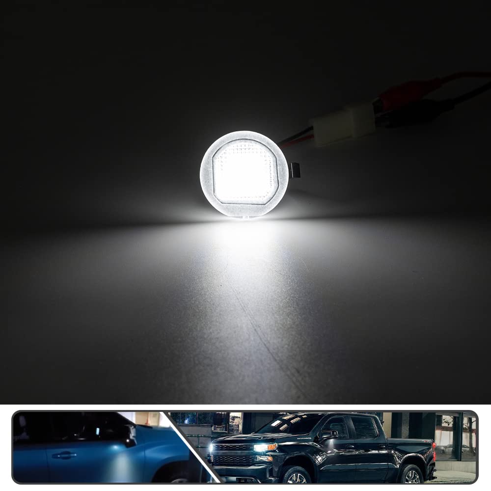 2Pcs White LED Under Side Mirror Puddle Light Lamps for Chevy Silverado GMC Sierra Yukon Escalade - Waterproof Durable Xenon White Lights - Perfect for Night Driving & Enhanced Vehicle Safety