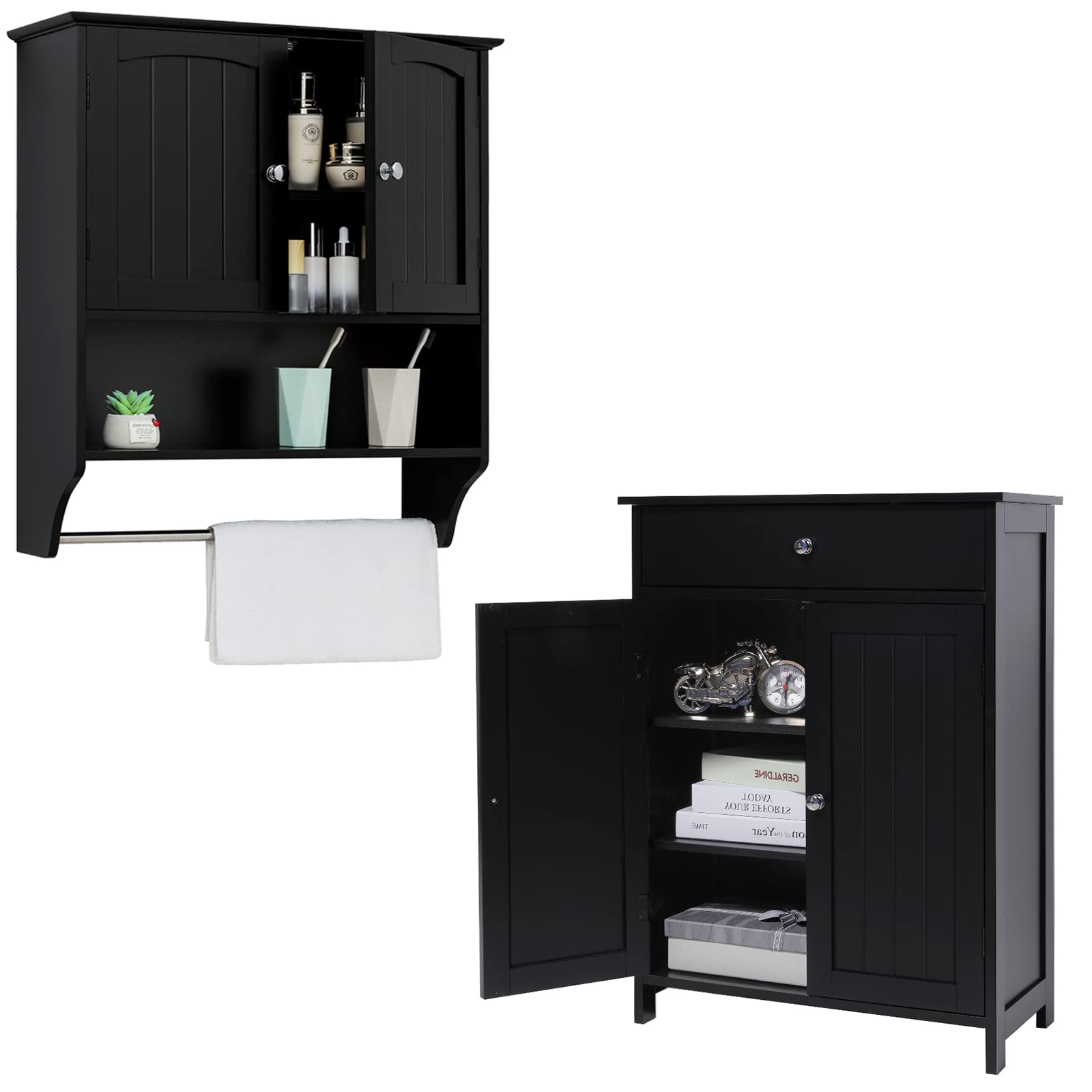 Iwell Black Bathroom Cabinet with Adjustable Shelf - Space Saving Storage Cabinet with 2 Doors & Drawer - Wall Mounted Medicine Cabinet for Bathroom Organization - Perfect for Small Bathrooms, Apartments & Vanity Storage