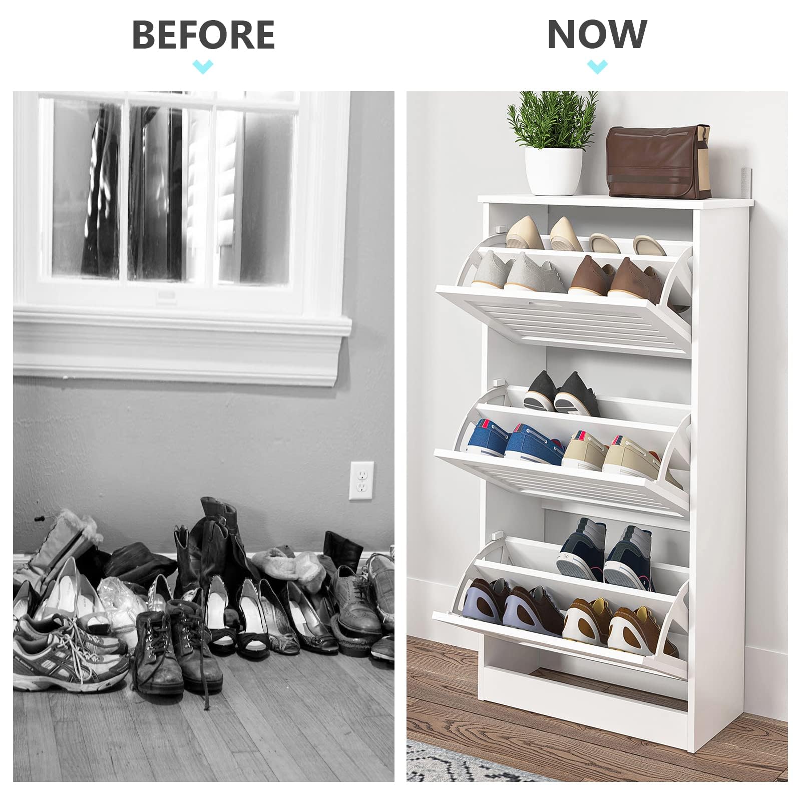 Modern White Shoe Storage Cabinet with 3 Flip Louvered Doors & Adjustable Shelf - Entryway Hallway Organizer for Shoes, Hats & Accessories | Perfect for Small Spaces, Apartments & Mudrooms