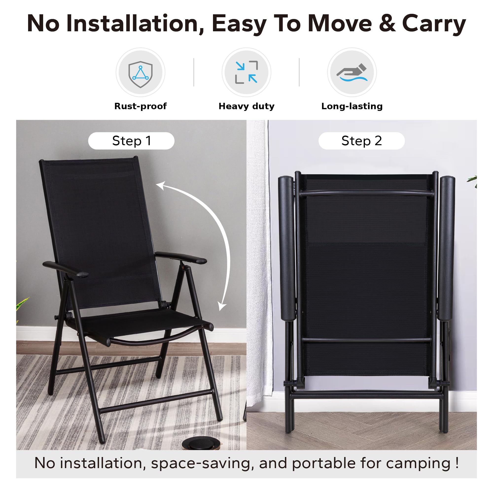 MFSTUDIO 6-Pack Black Adjustable Folding Patio Chairs - Portable Outdoor Dining Chairs with 7-Level Sling Back Support for Backyard, Lawn, Garden, Camping & Picnics