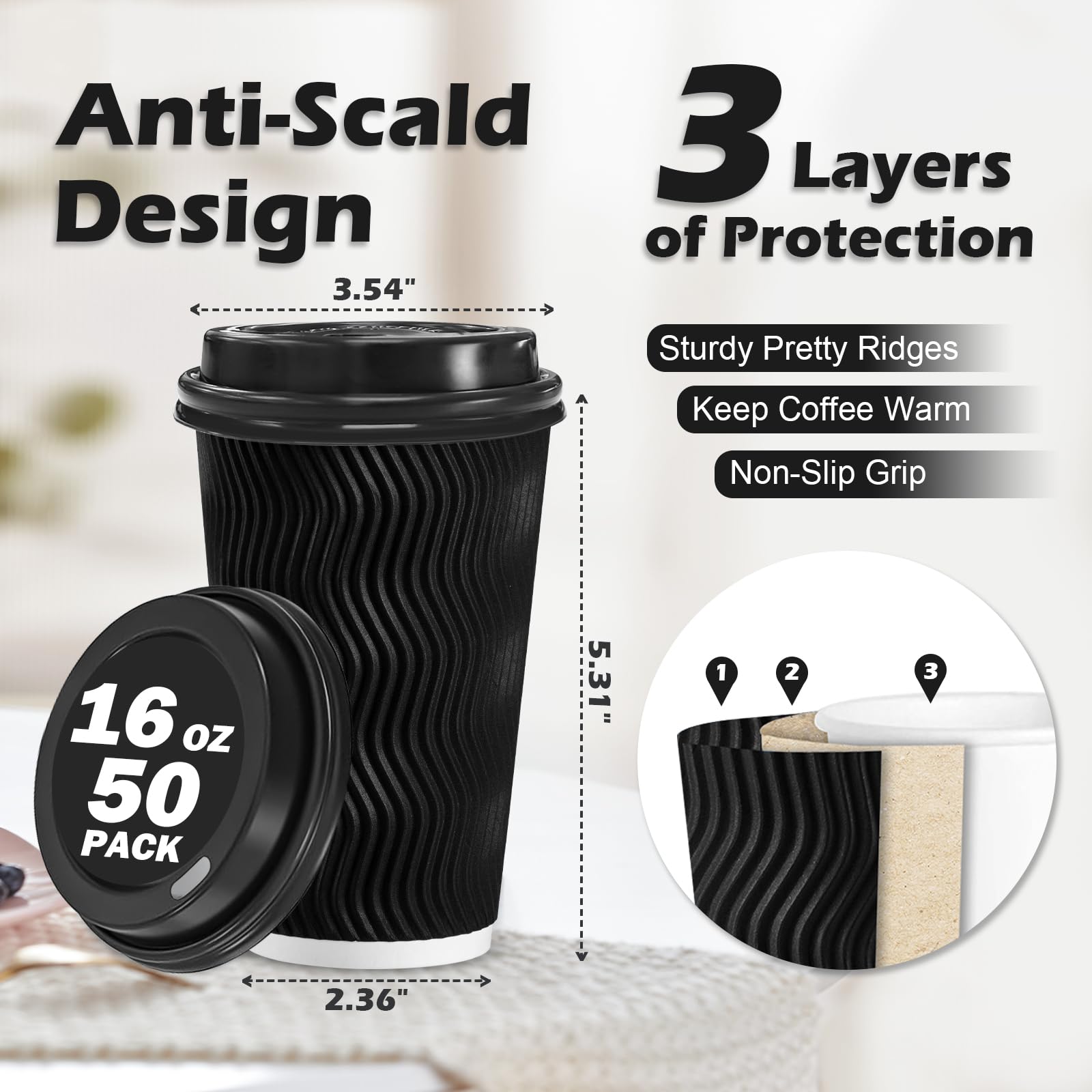 Lamosi 16 oz Disposable Coffee Cups with Lids - 50 Pack Insulated Hot Paper Cups for Coffee, Tea & Hot Drinks - Leakproof Travel Cups with Straws & Corrugated Ripple Wall - Perfect for Office, Coffee Shops, Cafes & Takeout (Black)