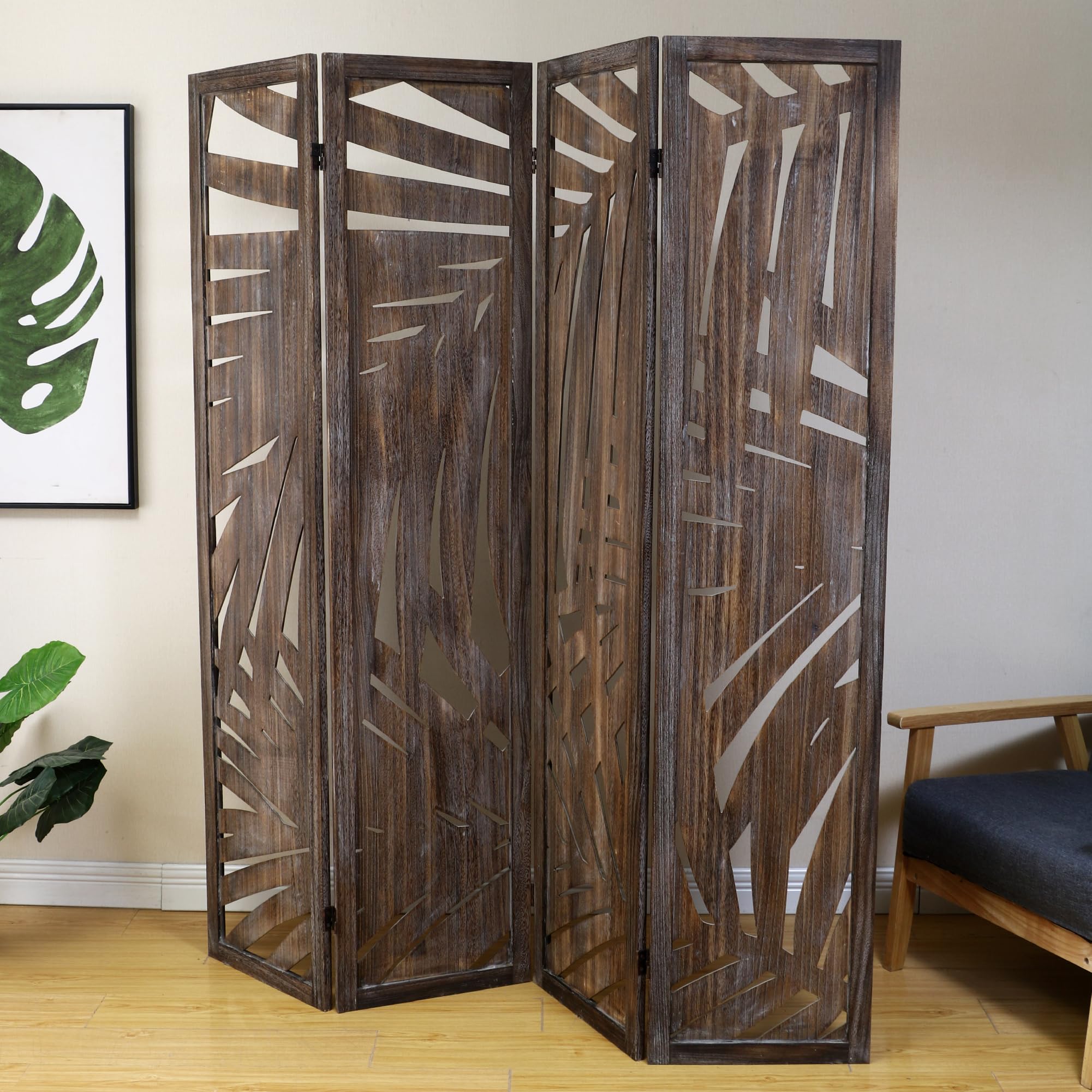 Proman Products - Wooden Folding Screen Room Divider with Palm Leaf Design, Smoked Brown - Perfect for Home Office, Living Room & Bedroom Privacy Partition