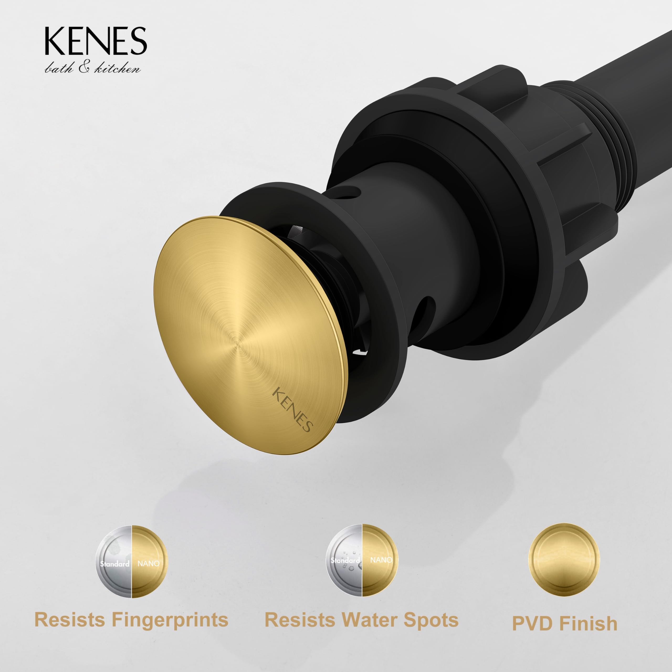 Kenes Brushed Gold Pop-Up Bathroom Sink Drain with Overflow & Strainer - Premium Vessel Vanity Drain Stopper for Modern Bathroom & Lavatory Sinks (Perfect for Home, Hotel, and Spa Renovations)