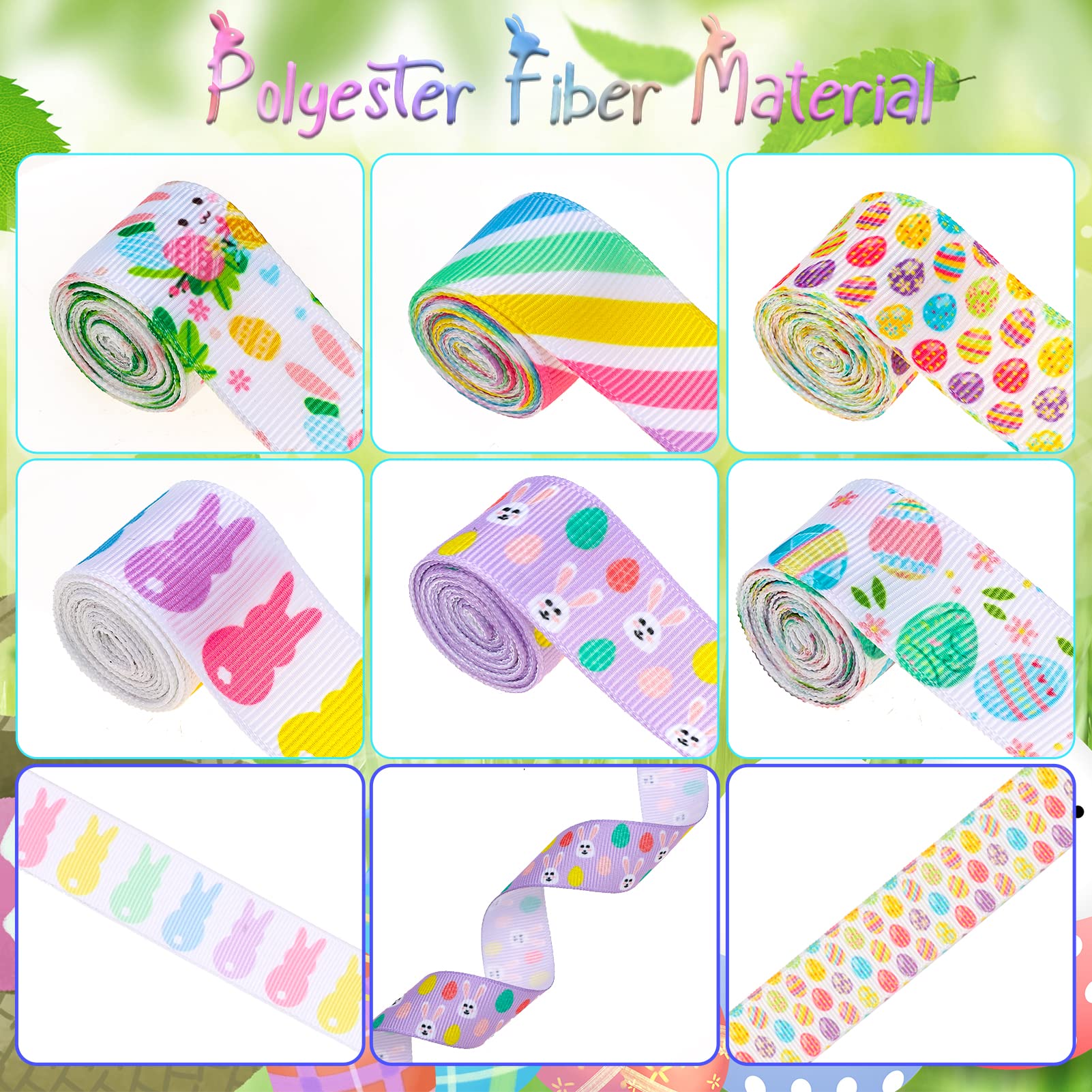 6 Rolls 12 Yards Easter Grosgrain Ribbon - Egg Bunny Floral Pattern for Spring Gift Wrapping, DIY Crafts, Hair Bows, Wreaths & Home Decor - Perfect for Easter Party Favors, Bouquets and Seasonal Decorations