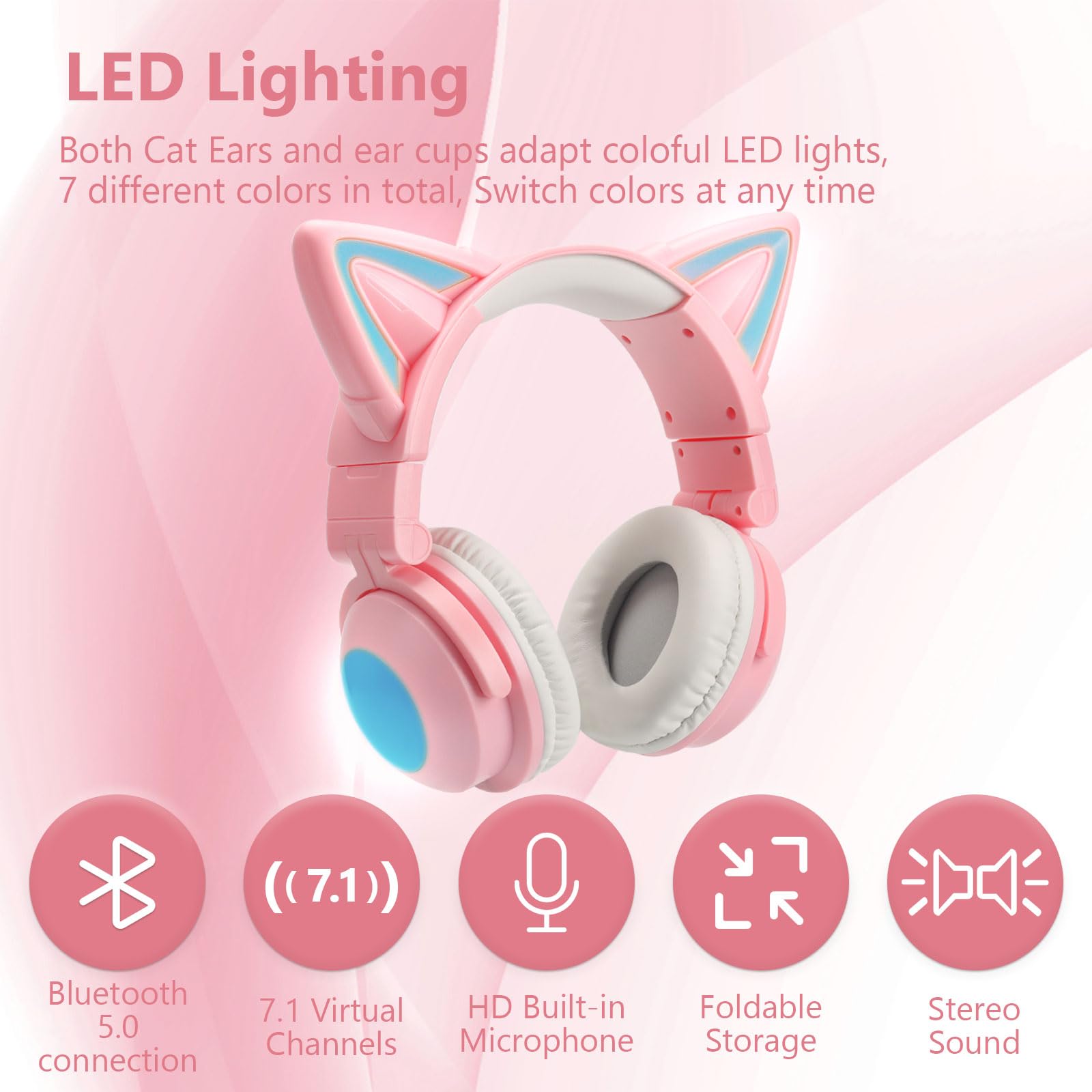 Wireless Cat Ear Headphones with LED Lights - Foldable Over-Ear Bluetooth Headset with Built-in Mic for Adults & Kids, Compatible with iPhone/Android/PC/Tablet/TV (Pink) - Perfect for Gaming, Music, Online Classes & Cosplay