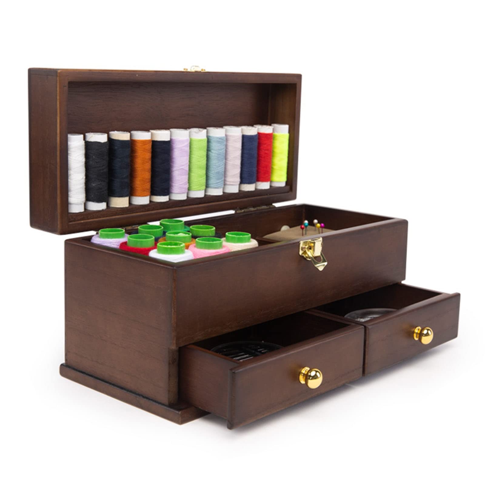 Wooden Sewing Organizer with 2 Drawers - Embroidery & Quilting Storage Box for Craft Supplies, Cross Stitch Kits (28x13x14.5cm, Brown) - Perfect for Hobbyists & DIY Sewing Projects at Home