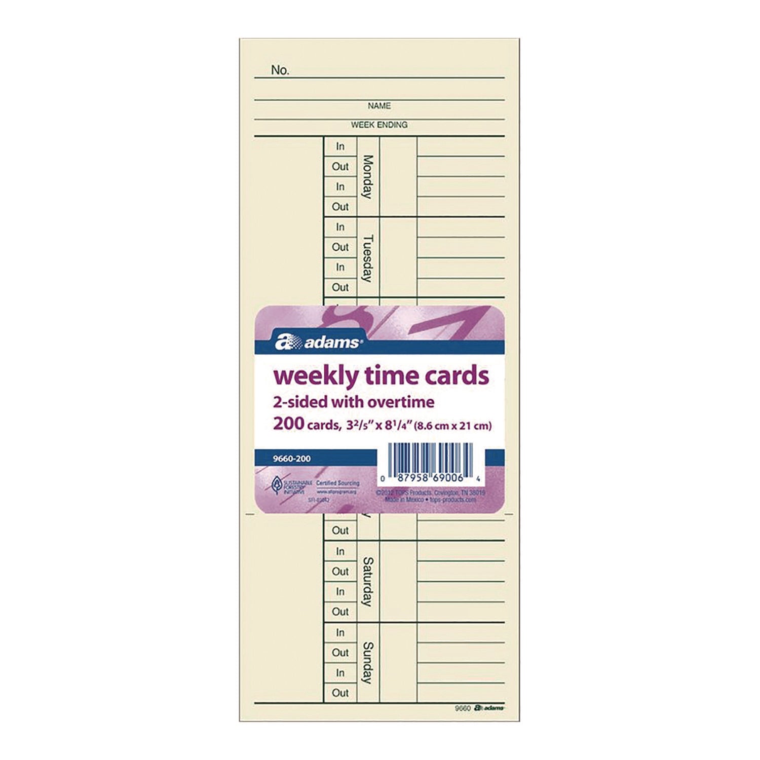 Adams® Time Cards for Acroprint, Amano & Lathem Time Clocks - 2-Sided, 3.4