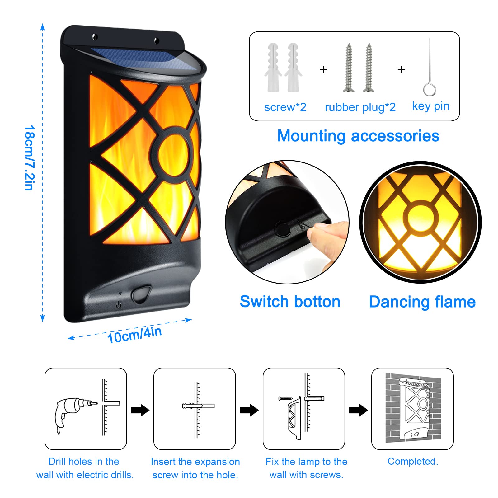 Solar Flame Lights Outdoor - 66 LED Flickering Fire Effect Solar Wall Light, Auto On/Off Waterproof Landscape Lighting for Fence, Patio, Deck, Garden - Perfect for Halloween, Christmas & Backyard Decor