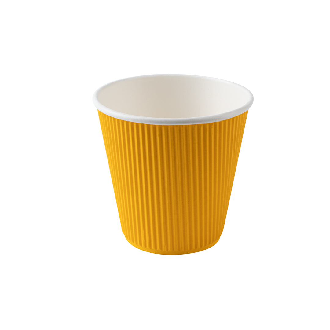 8 oz Yellow Paper Ripple Wall Coffee Cups with White Lids - 20 Count Box (3.5