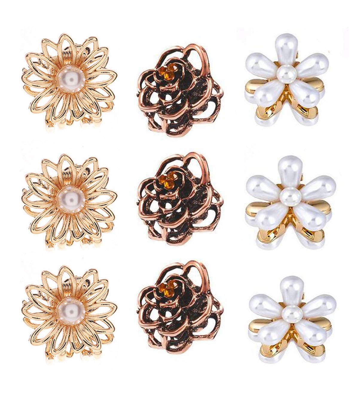 9PCS Vintage Rose Hair Clips Set - 3 Styles Mini Pearl Daisy Flower Claw Clips, Metal Sweet Bangs Clips for Women, Decorative Hair Accessories for Wedding, Party & Everyday Use