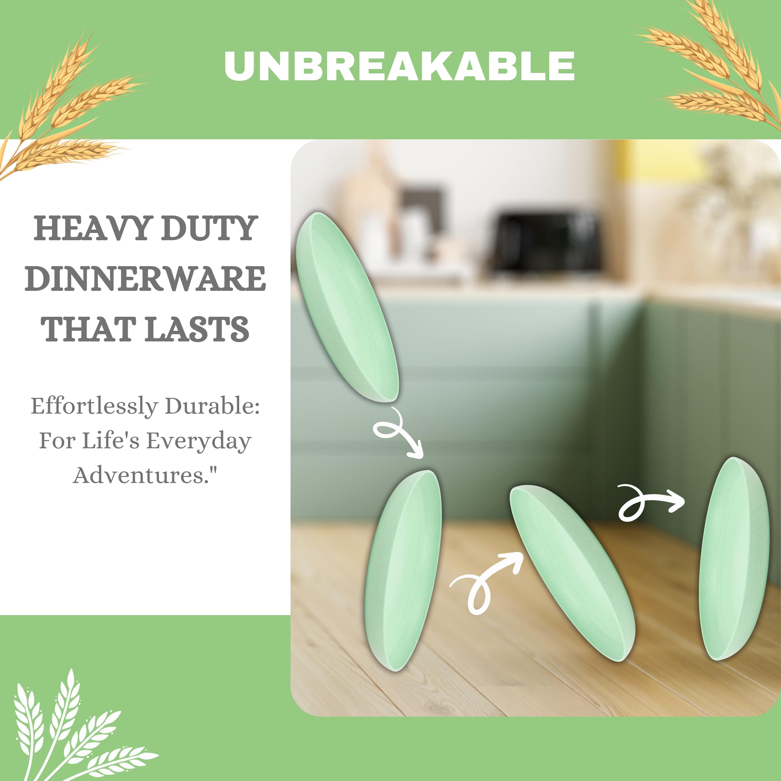 ECOSTAR Wheat Straw Dinnerware Set - Unbreakable Plates, Bowls & Cups | Reusable, Dishwasher & Microwave Safe | Eco-Friendly Tableware for Parties, Picnics & Daily Use (Green)