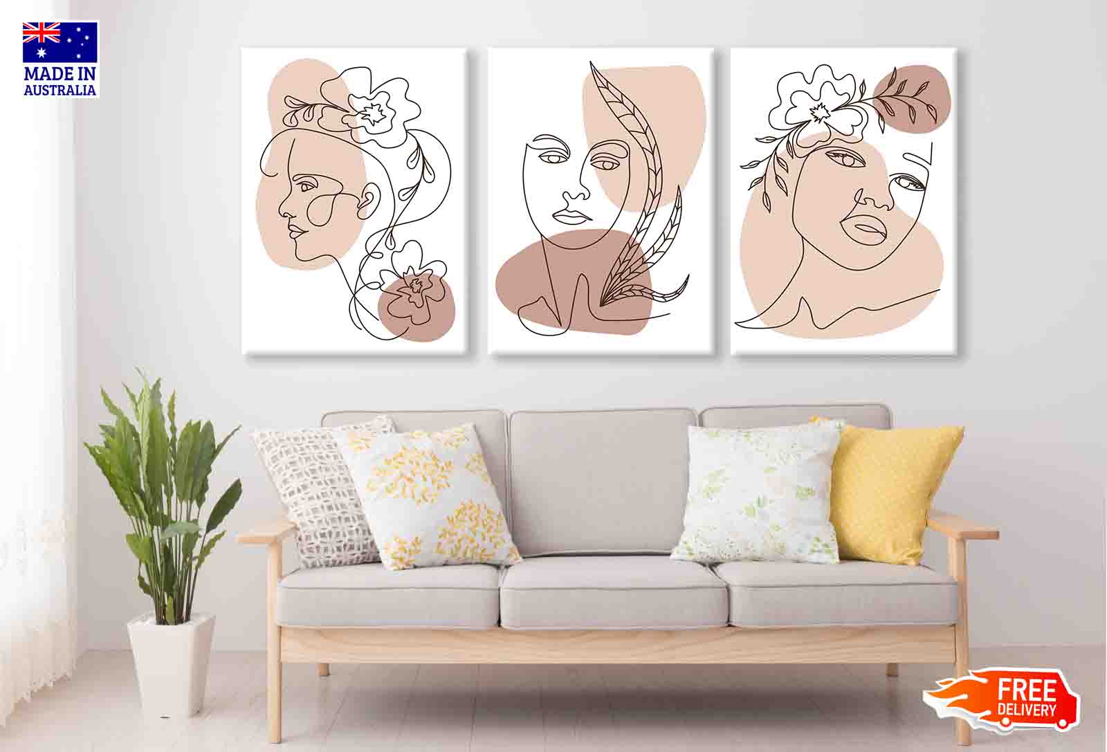 3-Piece Floral Line Art Girl Face Canvas Prints - High Quality Australian Made Wall Art, Ready to Hang | Perfect for Nursery, Bedroom & Living Room Decor
