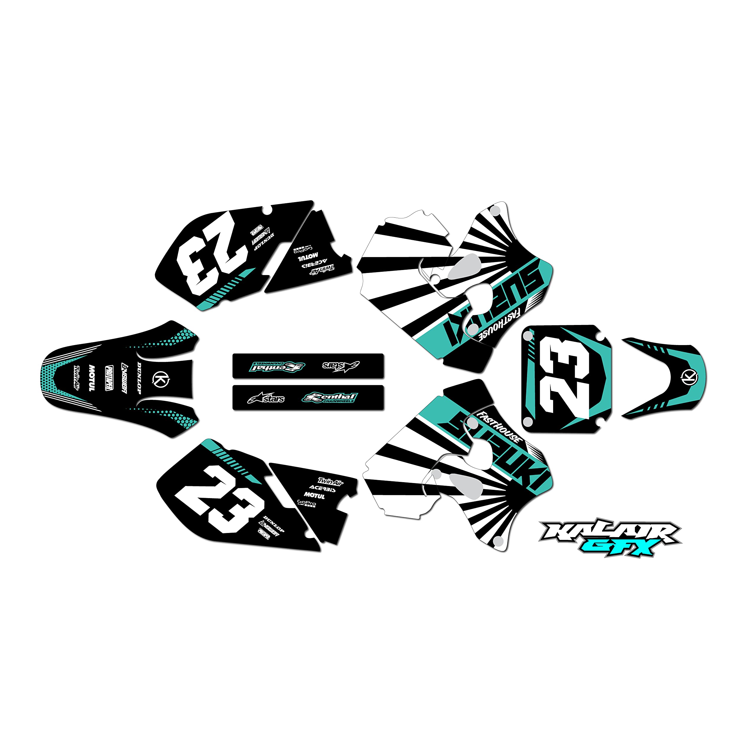 Suzuki RM 125 (1996-1998) FH Series Custom Dirt Bike Racing Graphics Kit - Teal 09 Mil Decals & Stickers (No Plastics Included) - Perfect for Motocross, Off-Road Racing & Bike Customization