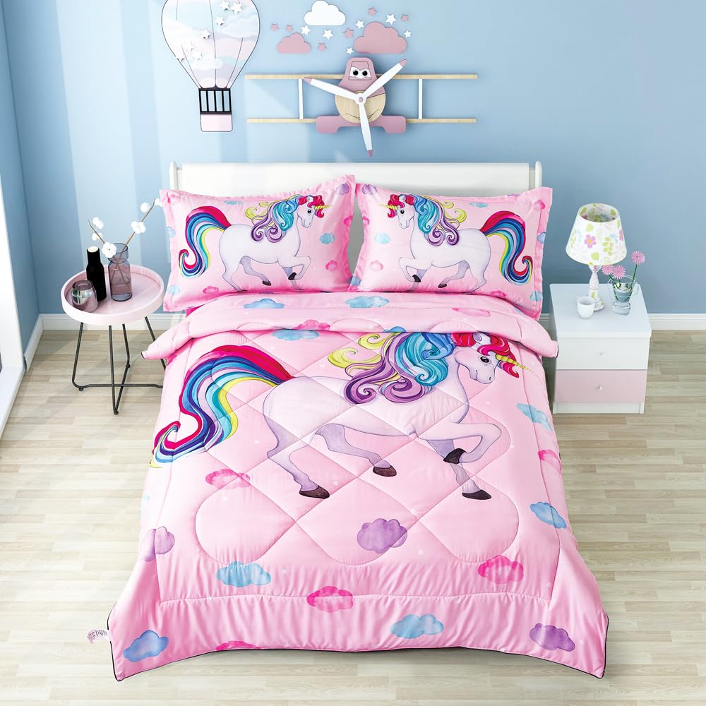 Wowelife Unicorn Full Size Bedding Set 5-Piece - 3D Pink Kids Comforter Set with Breathable Comforter, Flat Sheet, Fitted Sheet & 2 Pillowcases | Perfect for Girls' Bedroom Decor, Birthday Gifts & Sleepovers