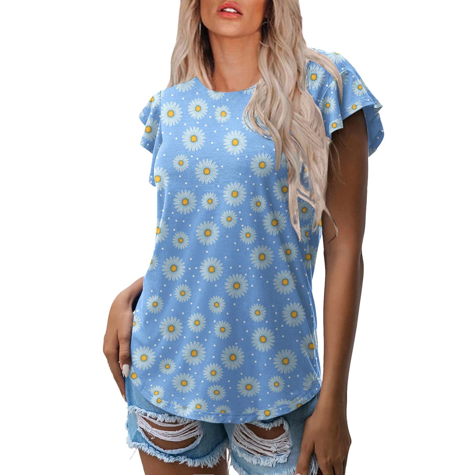 2022 Women's Summer Knit Tops - Casual Short Sleeve Ruffle Blouse, Round Neck Tunic & Tank Tee Shirts | Perfect for Beach Outings, Vacation Wear & Casual Summer Fashion