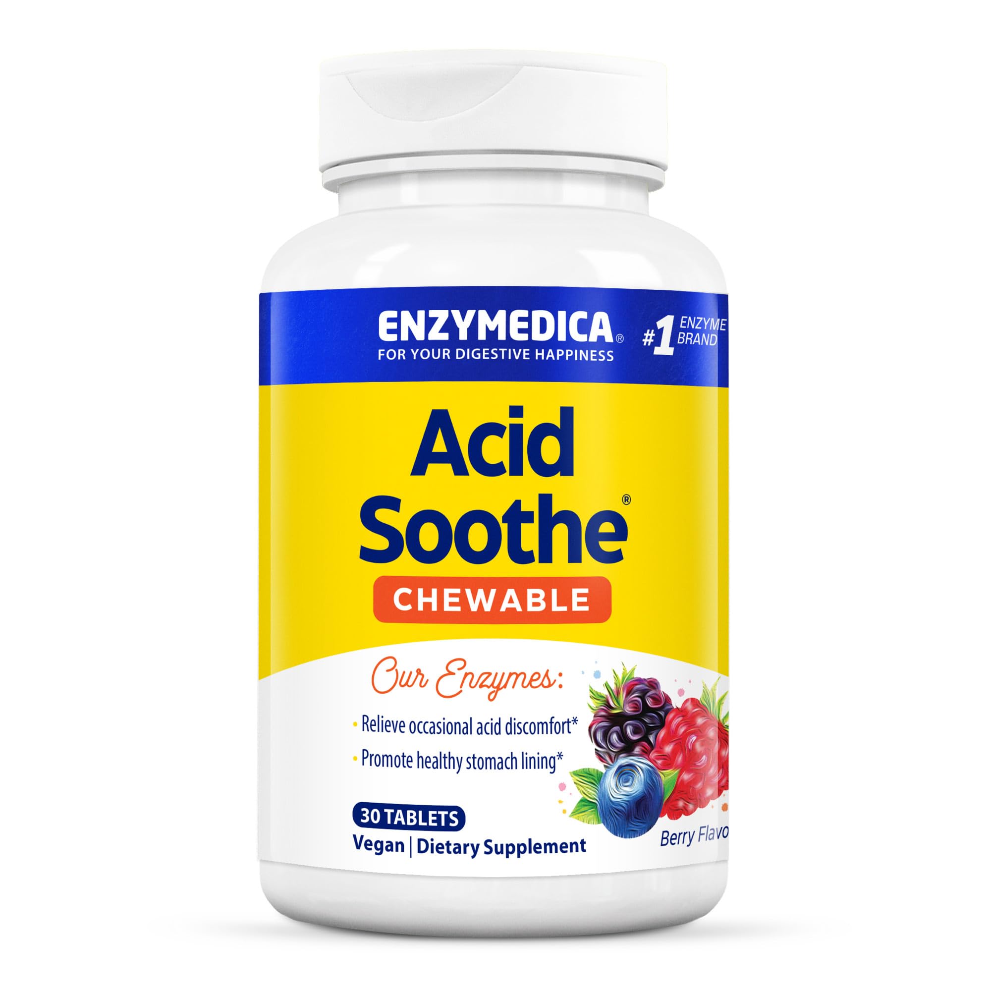 Enzymedica Acid Soothe Berry Flavor Chewable Tablets - 30 Count | Natural Digestive Enzyme Supplement for Heartburn & Acid Reflux Relief | Perfect for After Meals & Occasional Discomfort