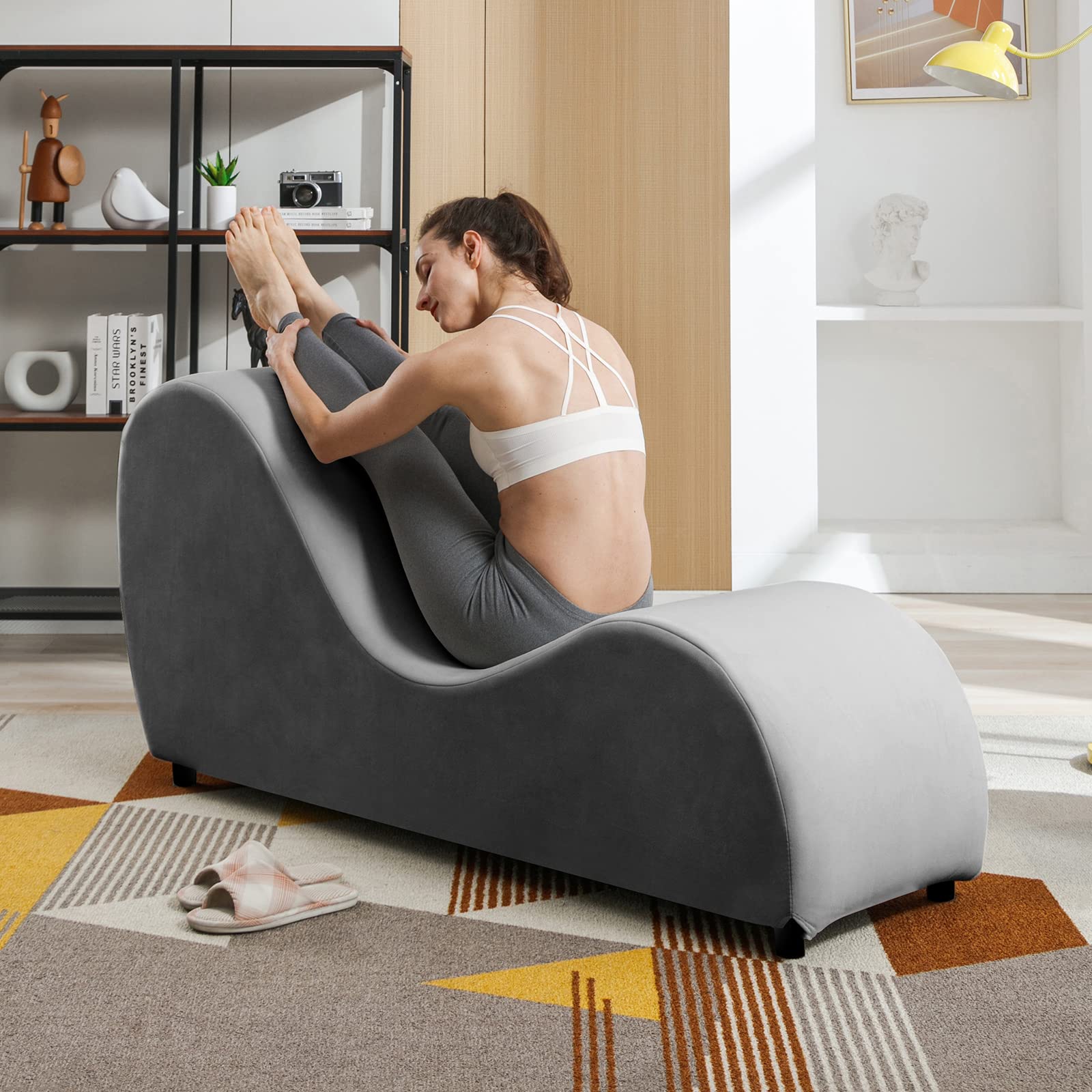 Premium Velvet Yoga Chaise Lounge Chair for Adults - Dark Gray Curved Sofa for Yoga Stretching & Relaxing | Living Room Lounge Chair, Apartment Exercise Furniture | Perfect for Meditation, Home Workouts & Cozy Reading Nook