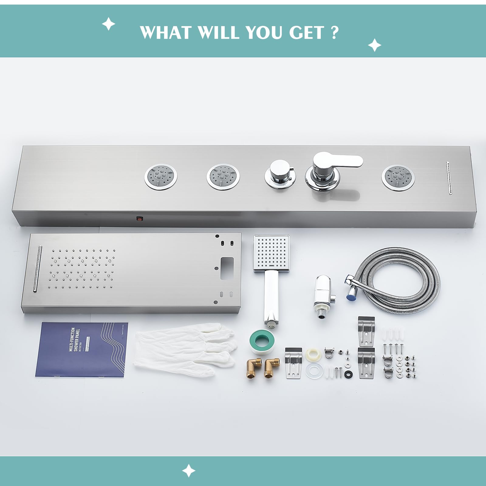 6 in 1 LED Rainfall Shower Panel Tower System with Waterfall Shower Head, 2 Mode Body Jets, Handheld Shower & Tub Spout - Stainless Steel Shower Column with Brushed Finish for Luxurious Bathroom Upgrade & Spa Experience at Home