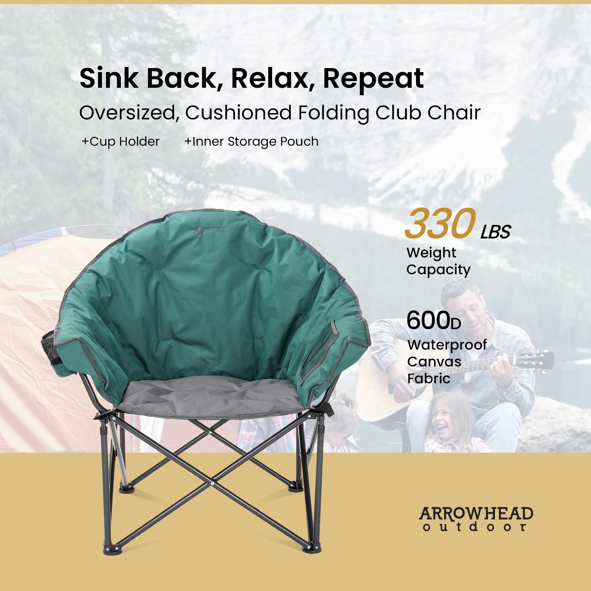 ARROWHEAD OUTDOOR Heavy-Duty Oversized Camping Chair with Cup Holder & Storage Pocket - 330lbs Capacity Portable Folding Moon Saucer Chair with Padded Seat & Carry Bag - Perfect for Beach, Backyard, Picnics & Outdoor Events - USA-Based Customer Support