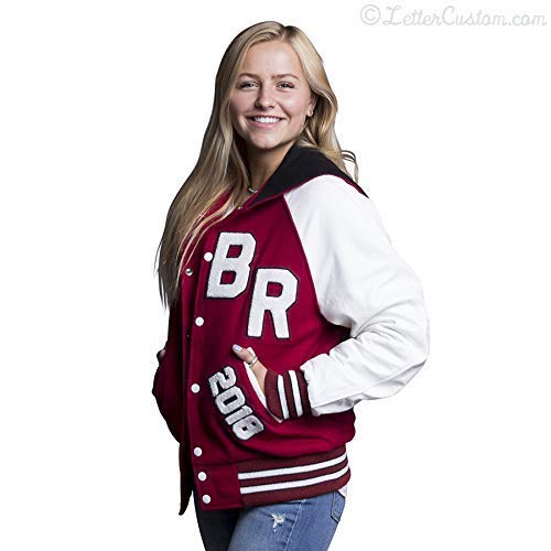 Women's & Girls' Varsity Letterman Jacket - Genuine White Leather & Crimson Red Wool with Zipper Hood - USA Made - Perfect for School Sports, Cheerleading & Casual Winter Wear