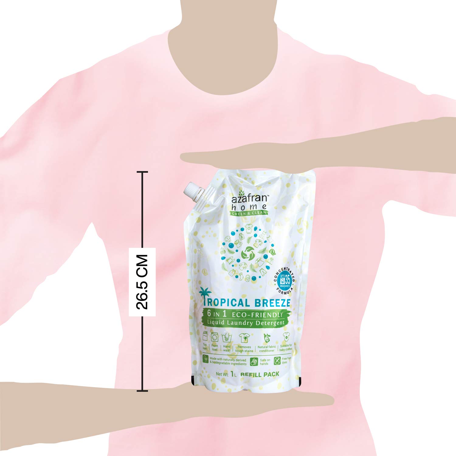 Azafran Tropical Breeze 6-in-1 Plant-Based Liquid Laundry Detergent Refill Pack - 1 Liter | Stain Remover, Natural Fabric Softener | Safe for Baby Clothes & All Washing Machines | Perfect for Travel, Gym Wear & Sensitive Skin Laundry