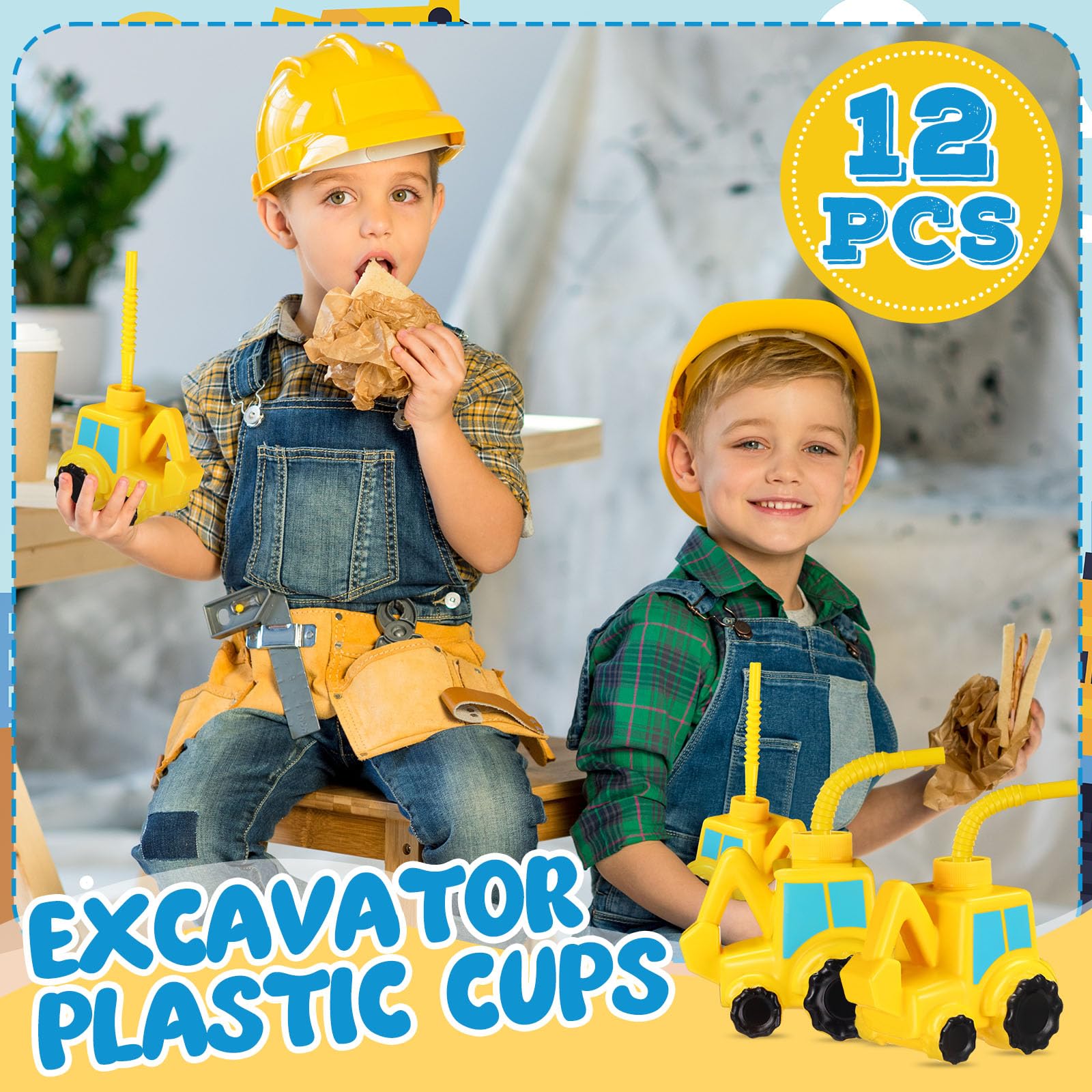 Tanlade 12-Pack Excavator Shaped Reusable Plastic Cups with Straws - Construction Themed Party Supplies for Kids Birthday, Digger Themed Events & Construction Playtime Fun