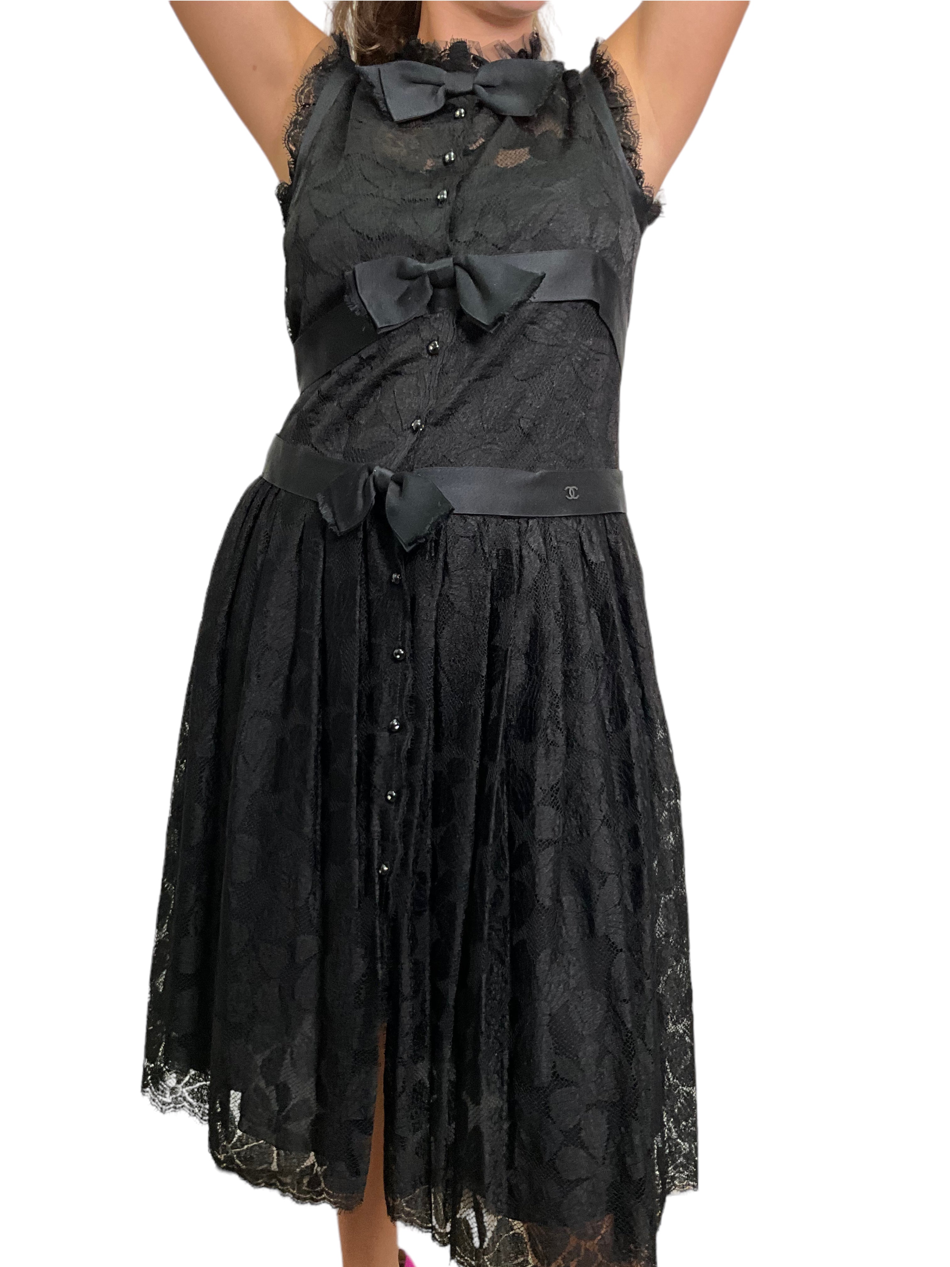 CHANEL 05A Black Lace Sleeveless Short Dress for Women Size M - Perfect for Cocktail Parties, Date Nights & Summer Weddings