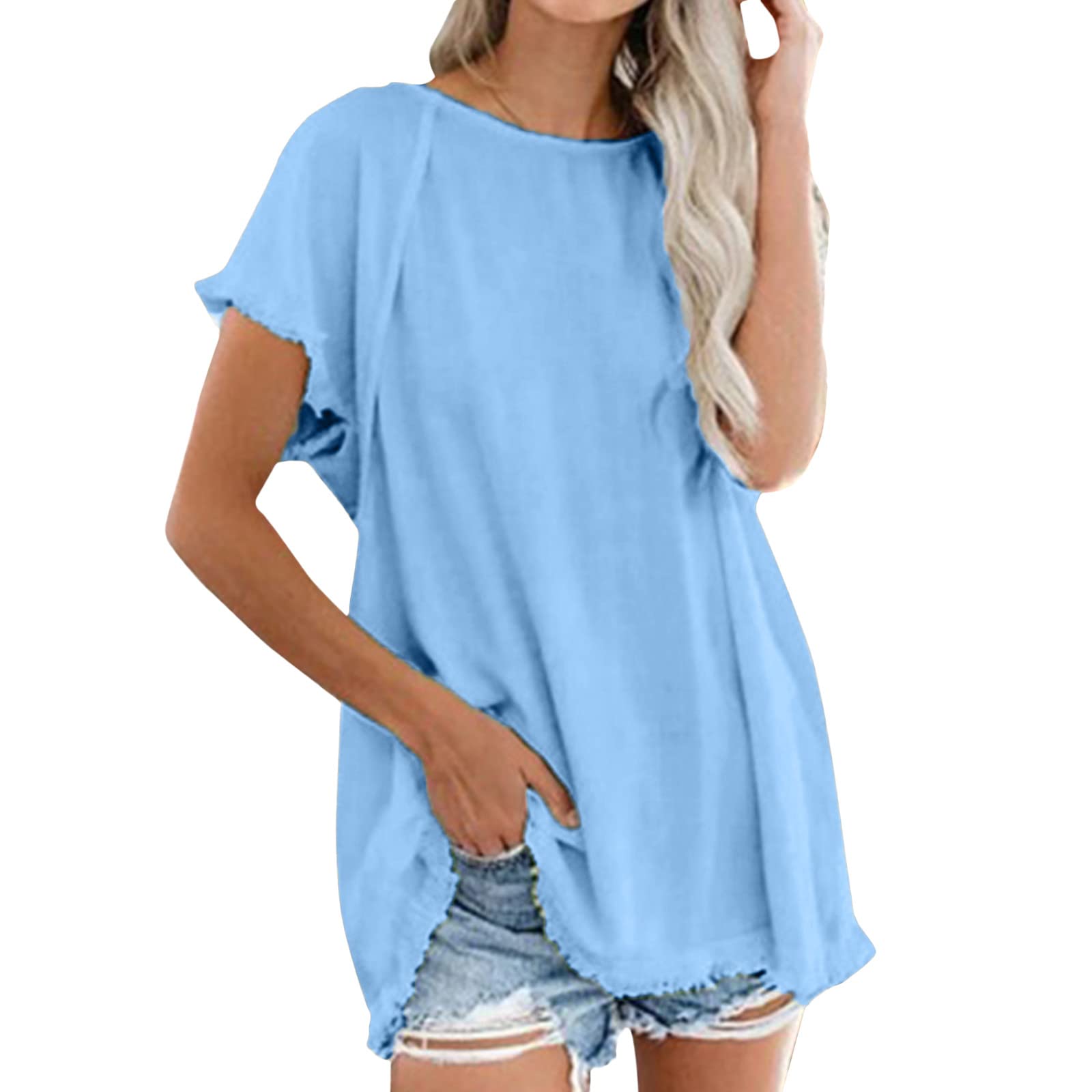 Women's Casual Summer Tops - Round Neck Short Sleeve Solid Color T-Shirt Blouse for Everyday Wear, Office & Outings