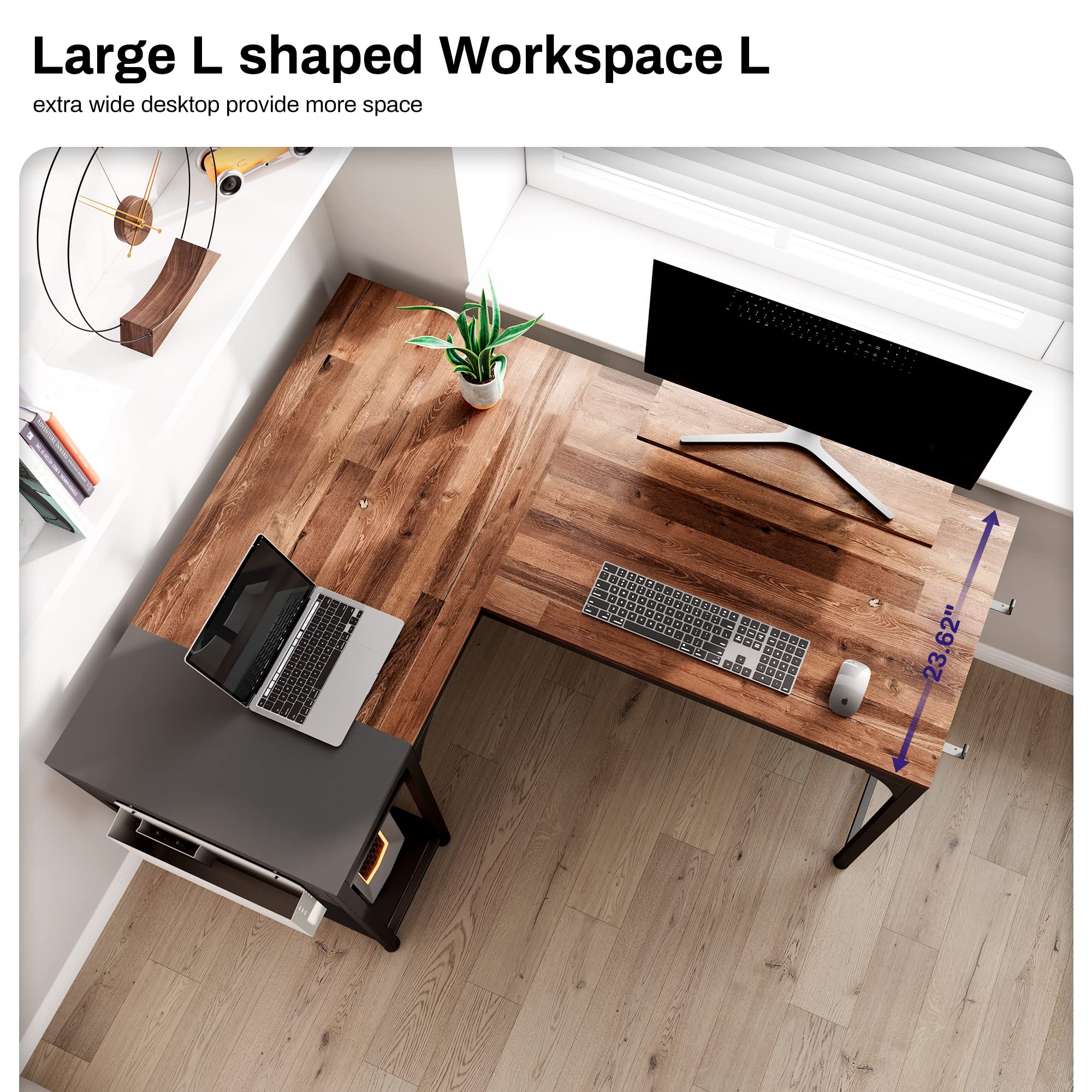 Reversible L-Shaped Desk with Monitor Stand - 58x47 Inch Corner Computer Desk, Study Writing Table with Storage Shelves for Home Office - Rustic Brown/Black - Perfect for Small Spaces & Gaming Setups